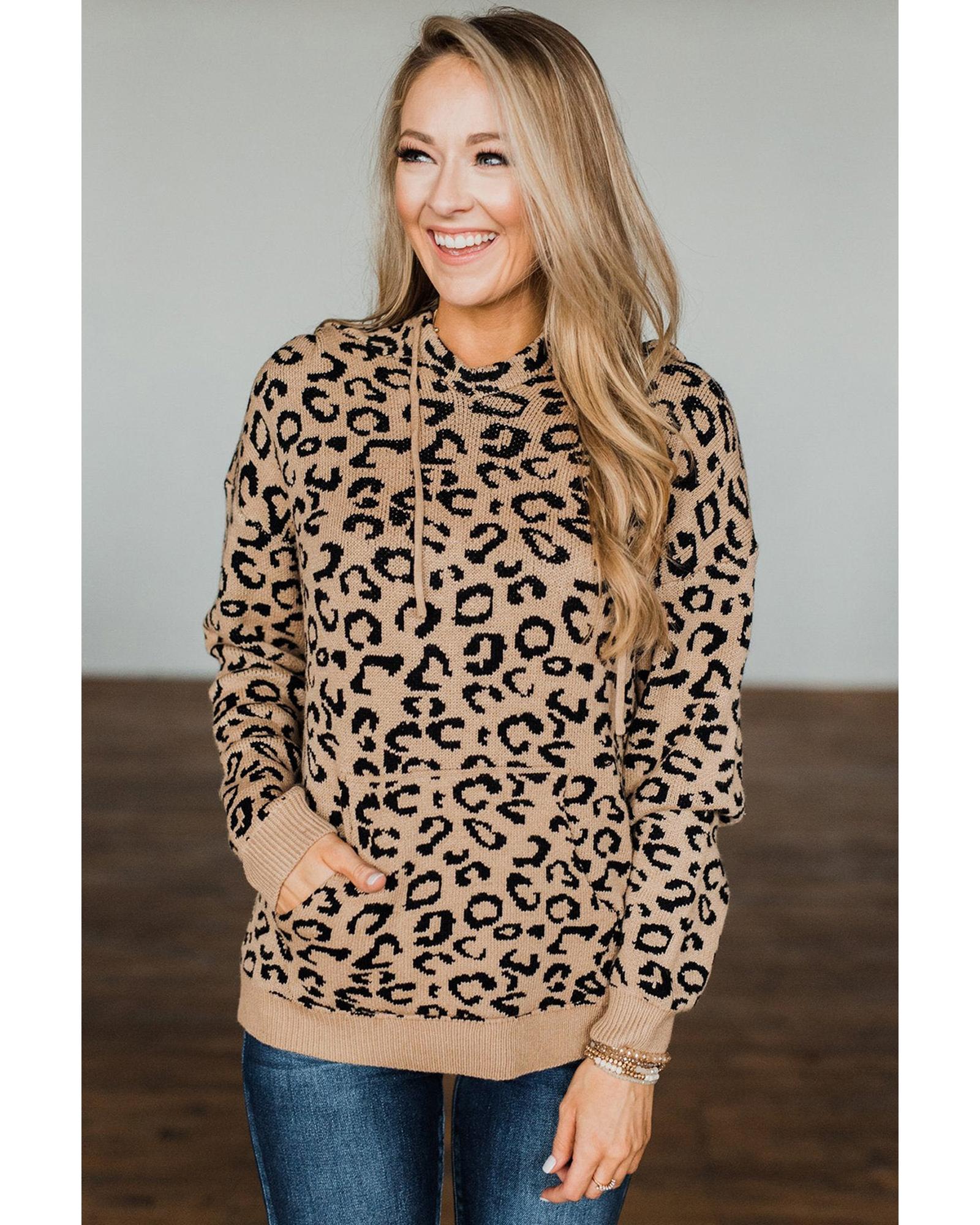 Khaki Leopard Knitted Drawstring Hooded Sweater - L