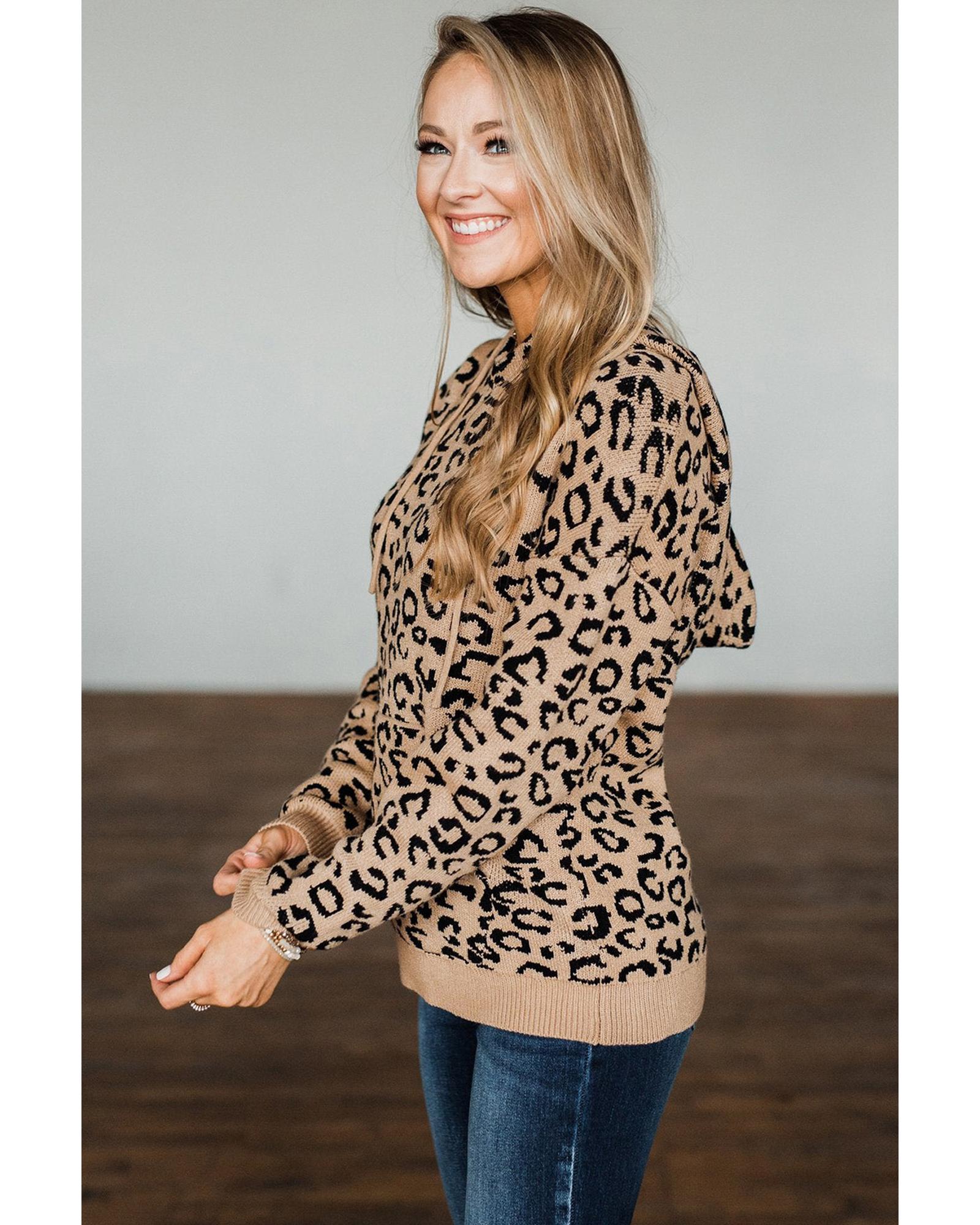 Khaki Leopard Knitted Drawstring Hooded Sweater - M
