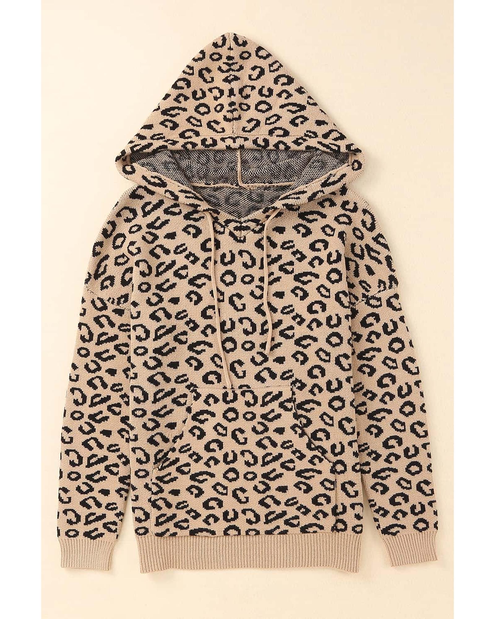 Khaki Leopard Knitted Drawstring Hooded Sweater - M