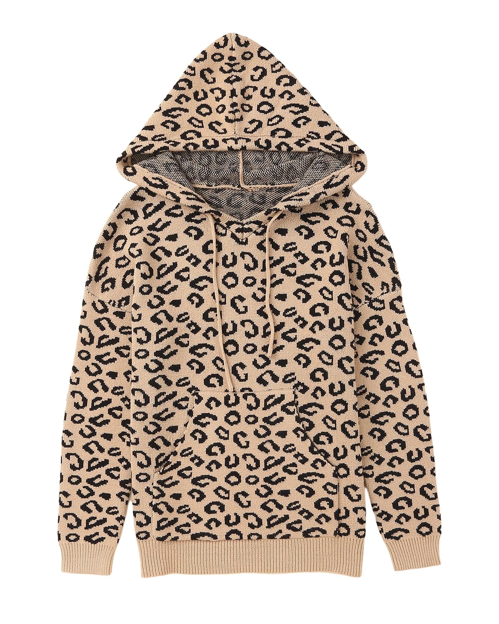 Khaki Leopard Knitted Drawstring Hooded Sweater - M