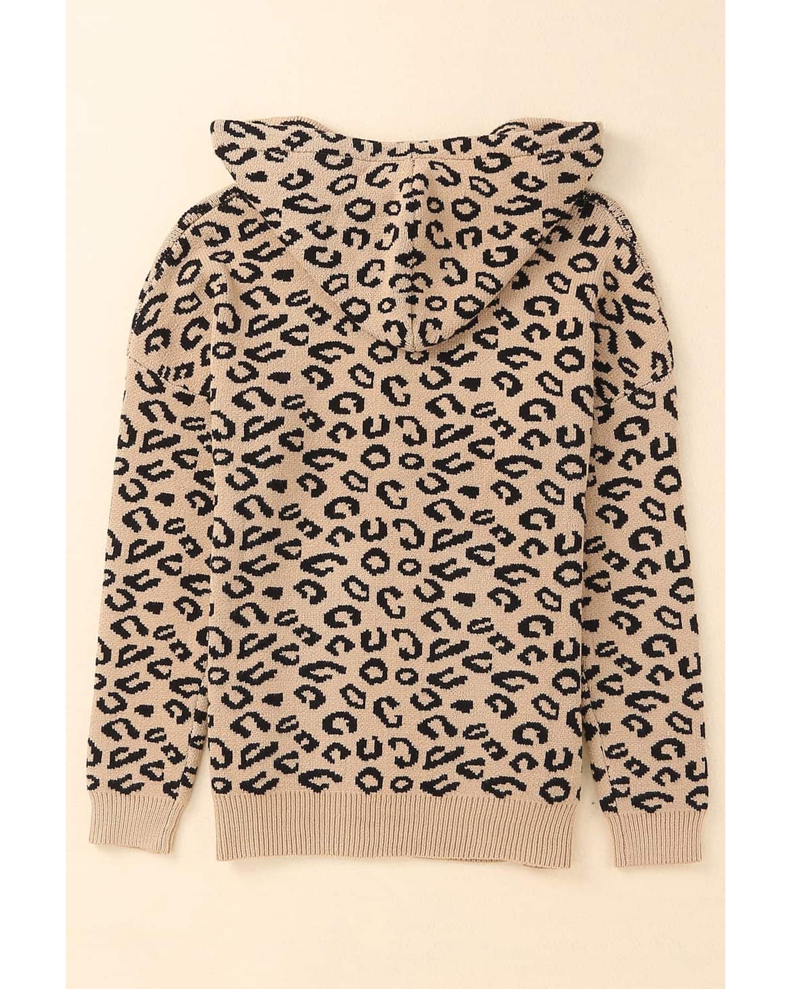 Khaki Leopard Knitted Drawstring Hooded Sweater - M