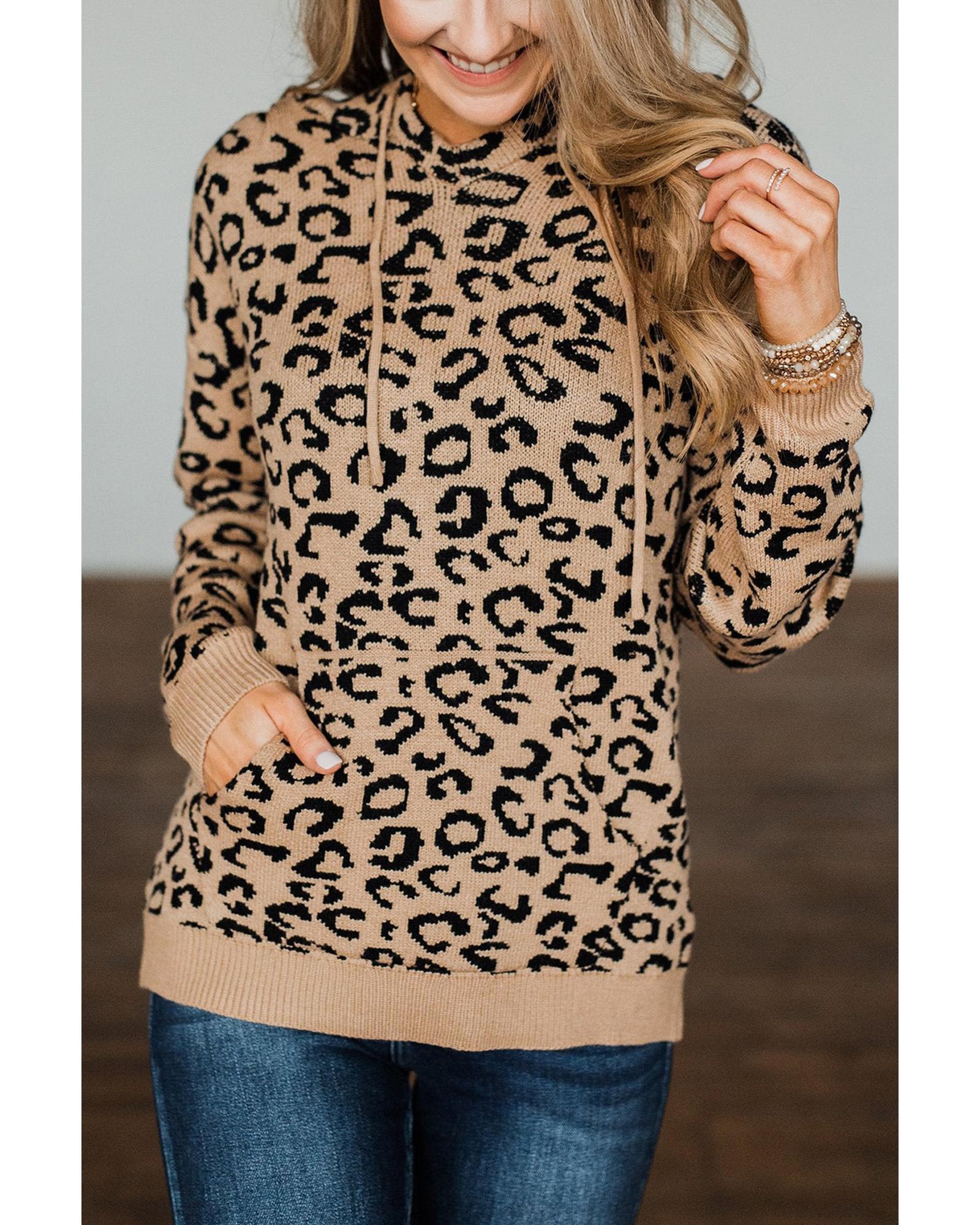 Khaki Leopard Knitted Drawstring Hooded Sweater - M