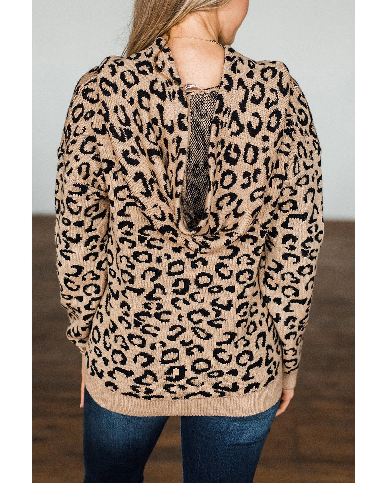Khaki Leopard Knitted Drawstring Hooded Sweater - M