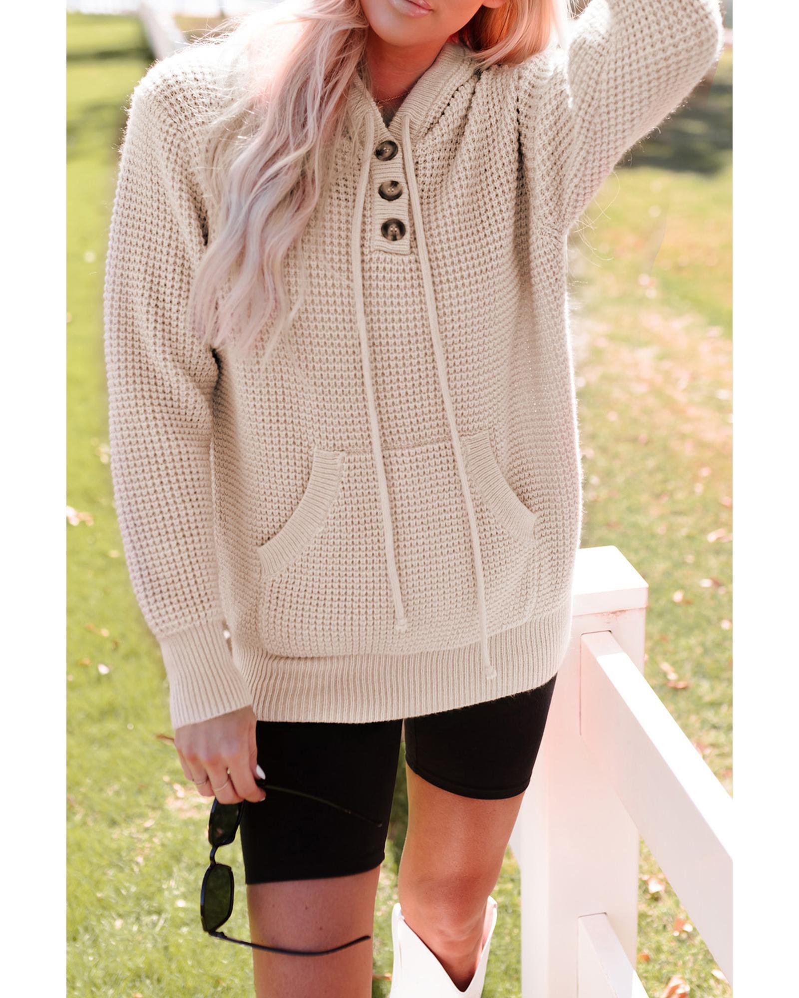 Azura Exchange Apricot Waffle Knit Buttons Hooded Sweater with Pocket - S