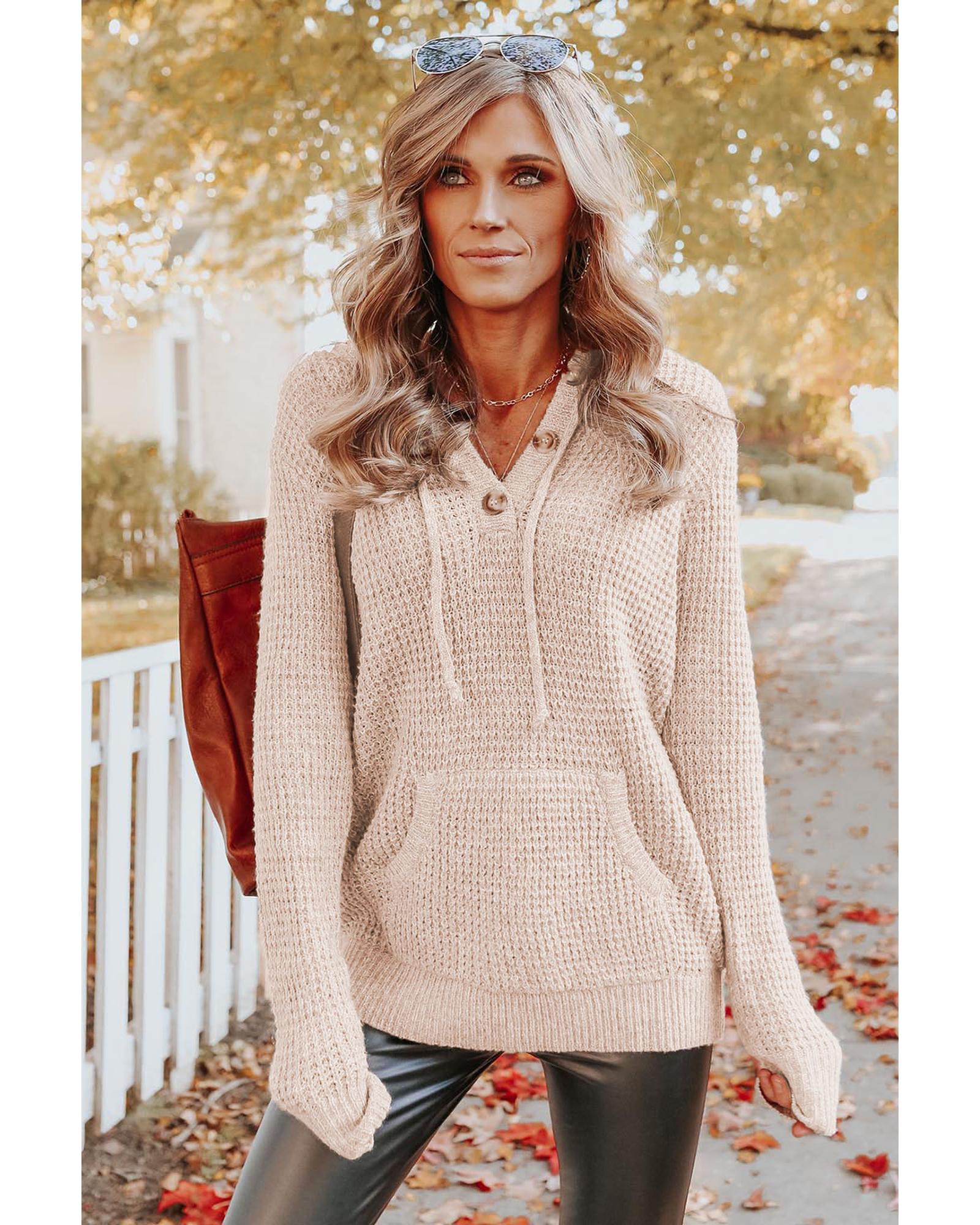 Azura Exchange Apricot Waffle Knit Buttons Hooded Sweater with Pocket - S