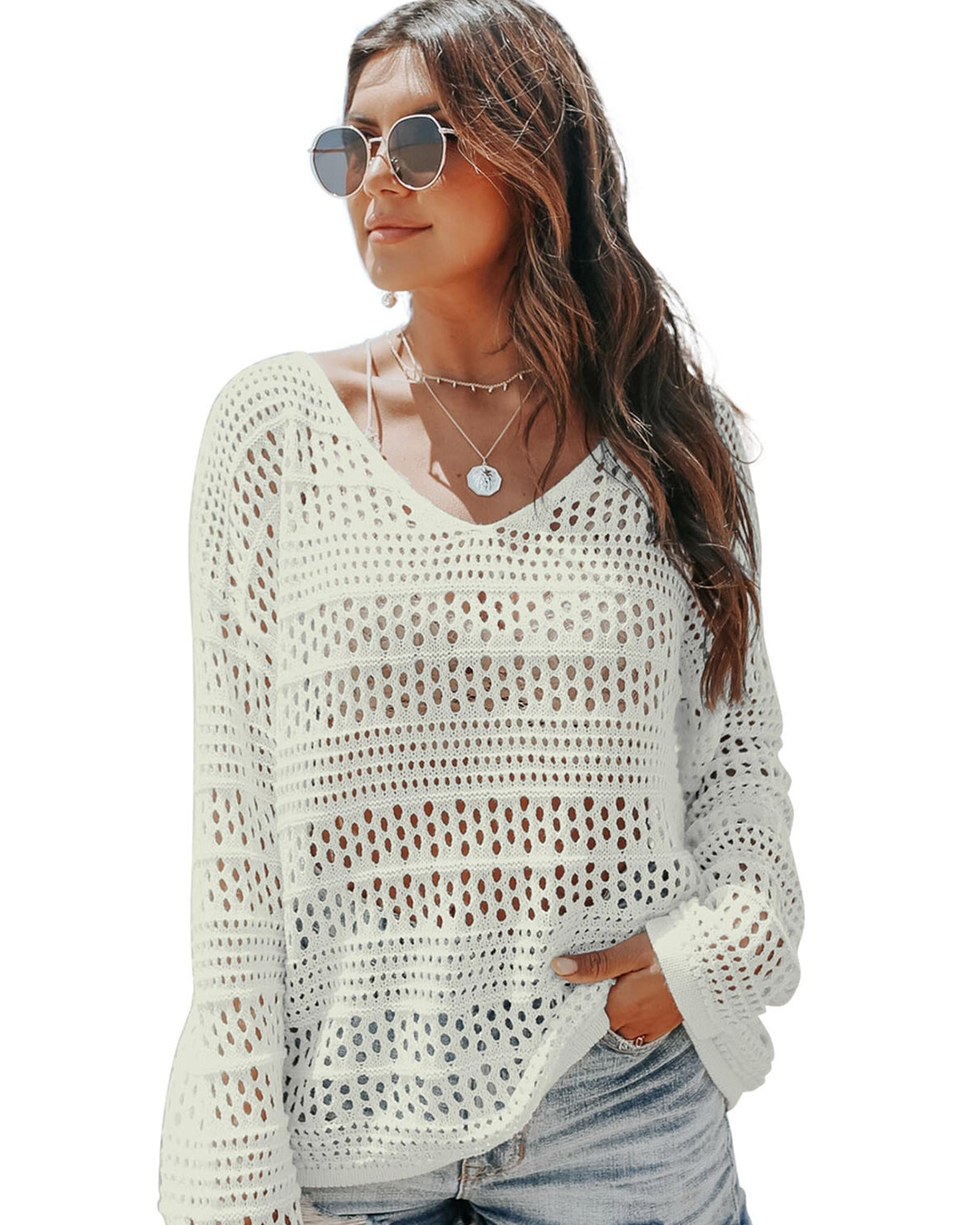 White Hollow Out Crochet V Neck Pullover Sweater - L