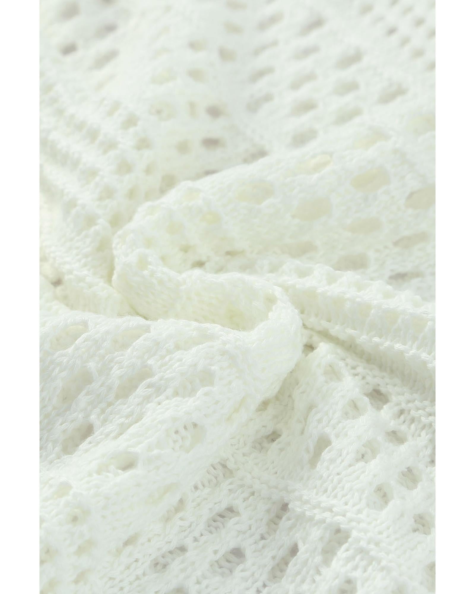 White Hollow Out Crochet V Neck Pullover Sweater - XL