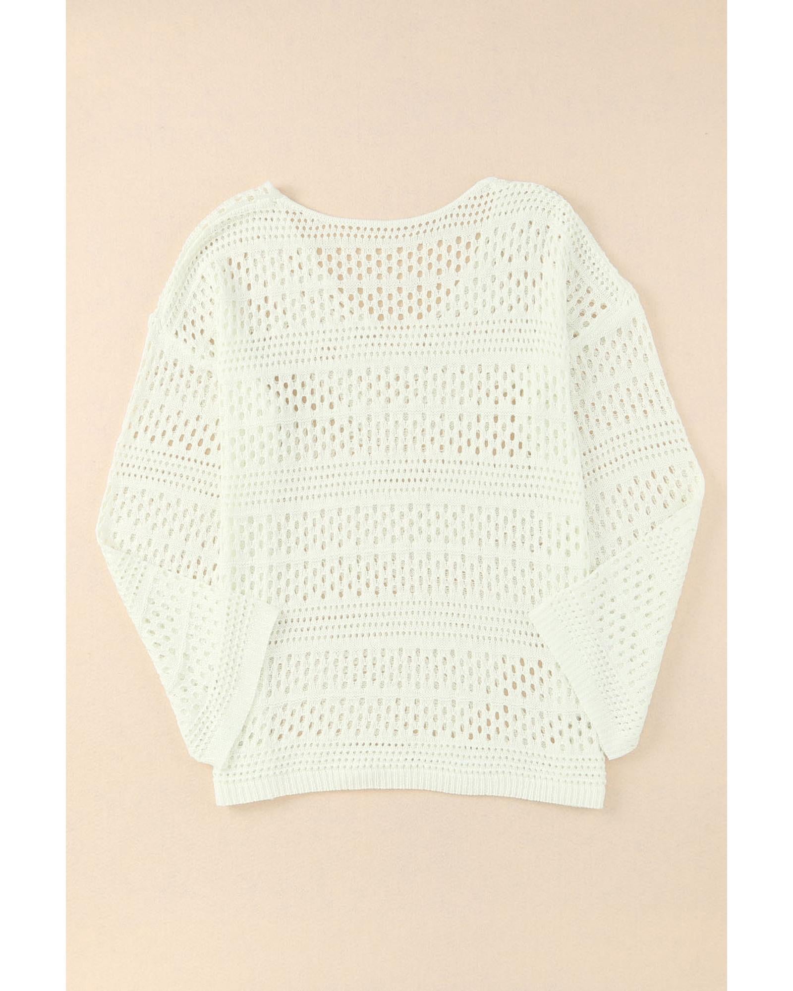 White Hollow Out Crochet V Neck Pullover Sweater - XL