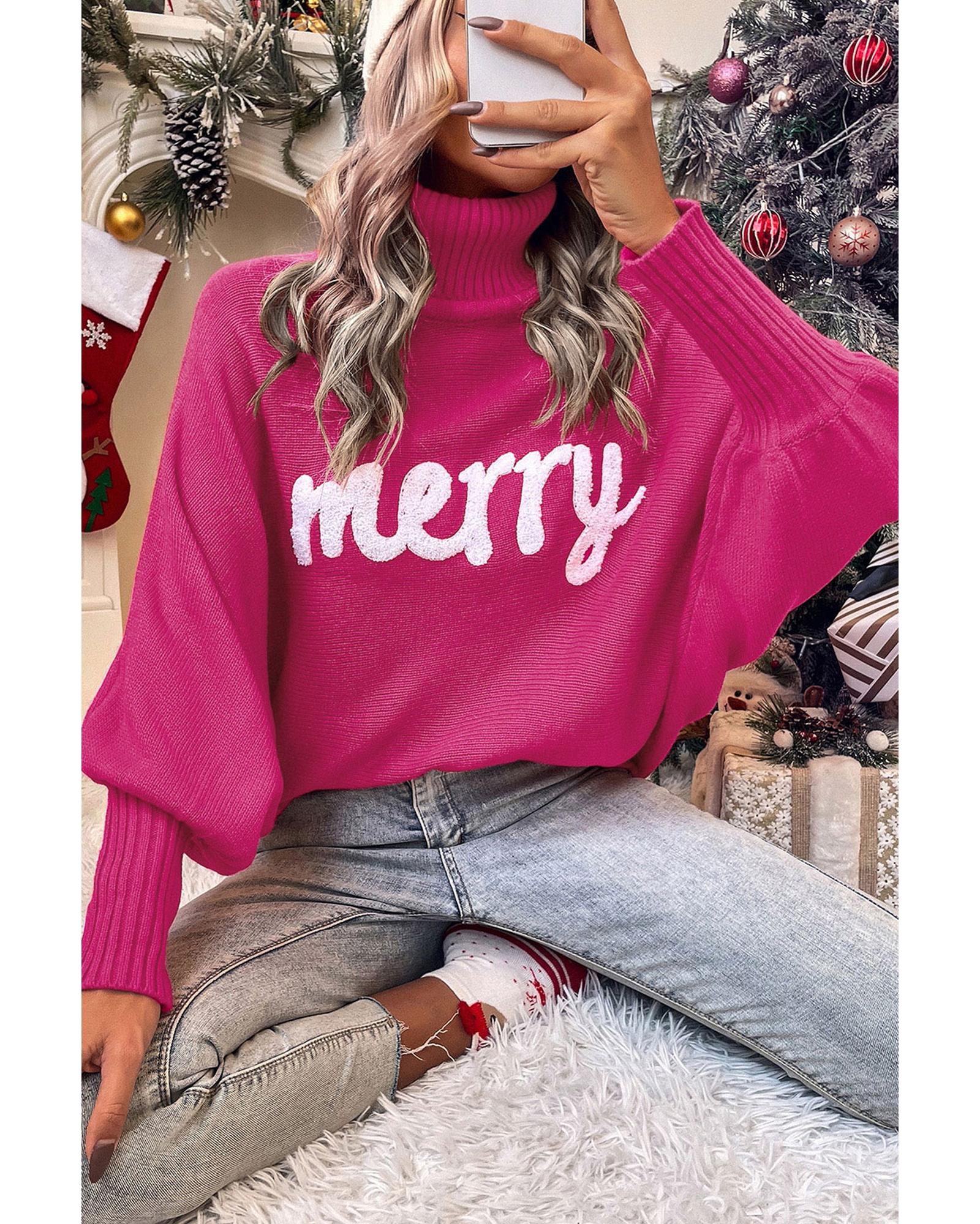 Azura Exchange Rose Merry Letter Embroidered High Neck Sweater - L