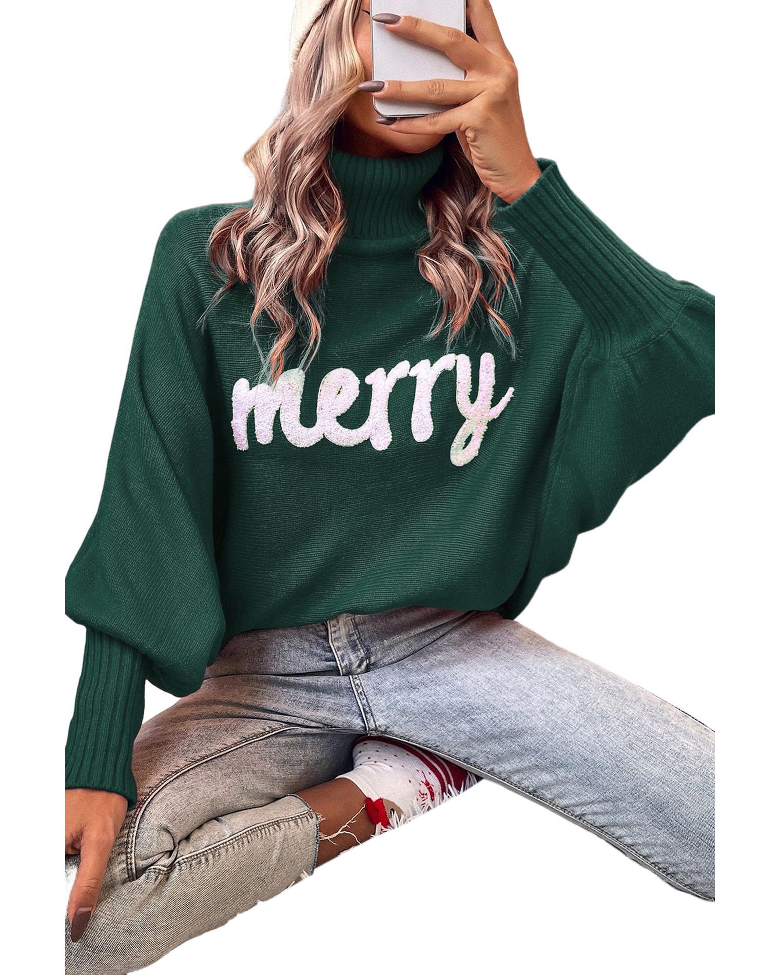 Blackish Green Merry Letter Embroidered High Neck Sweater - L