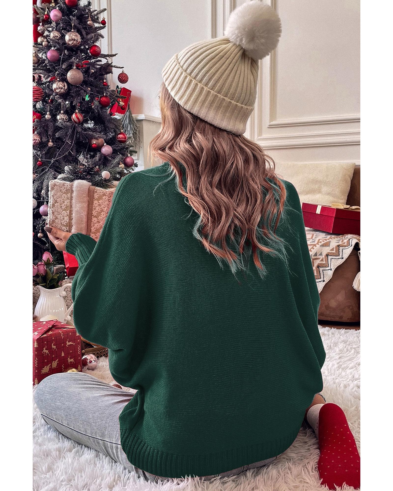 Blackish Green Merry Letter Embroidered High Neck Sweater - L