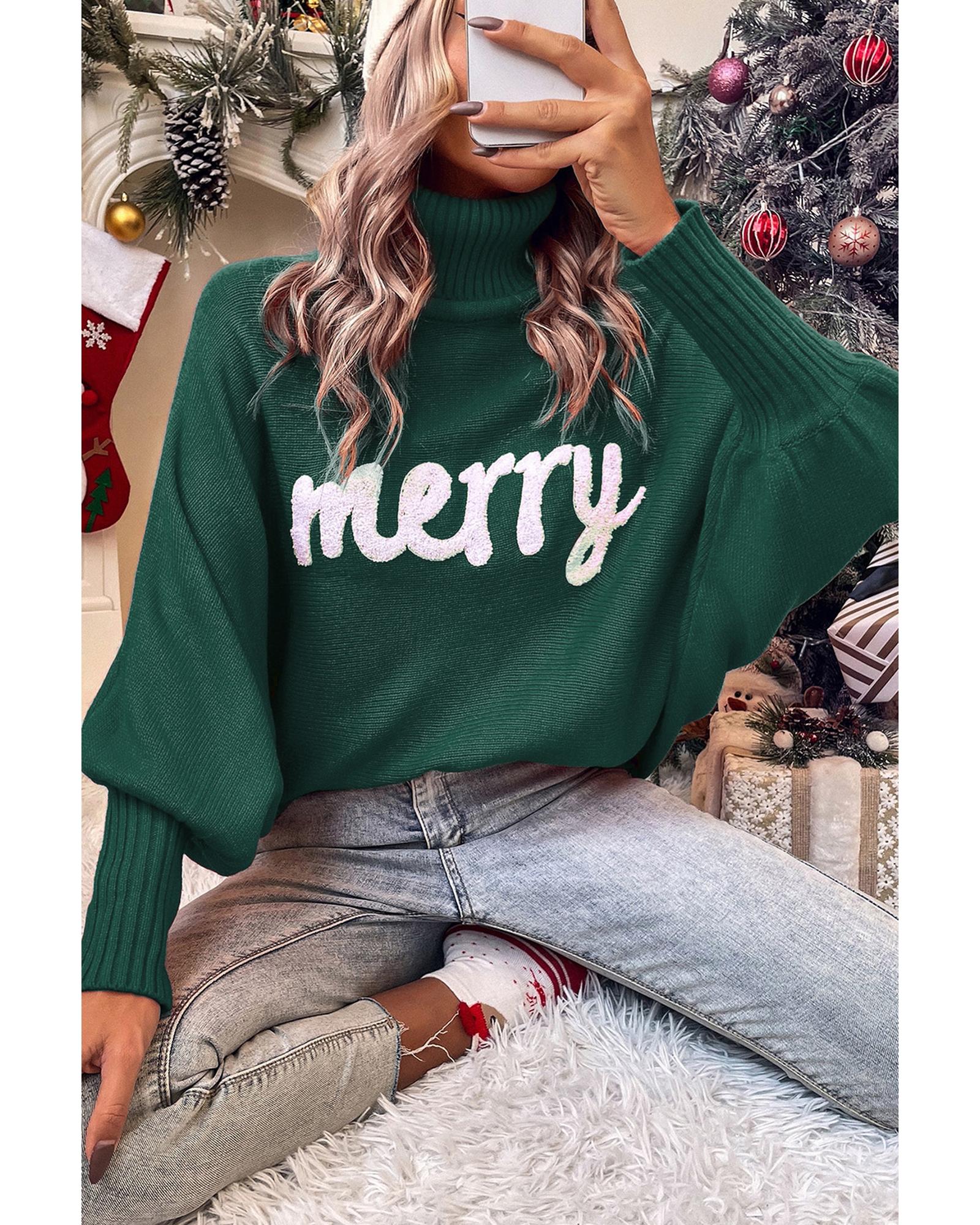 Blackish Green Merry Letter Embroidered High Neck Sweater - M