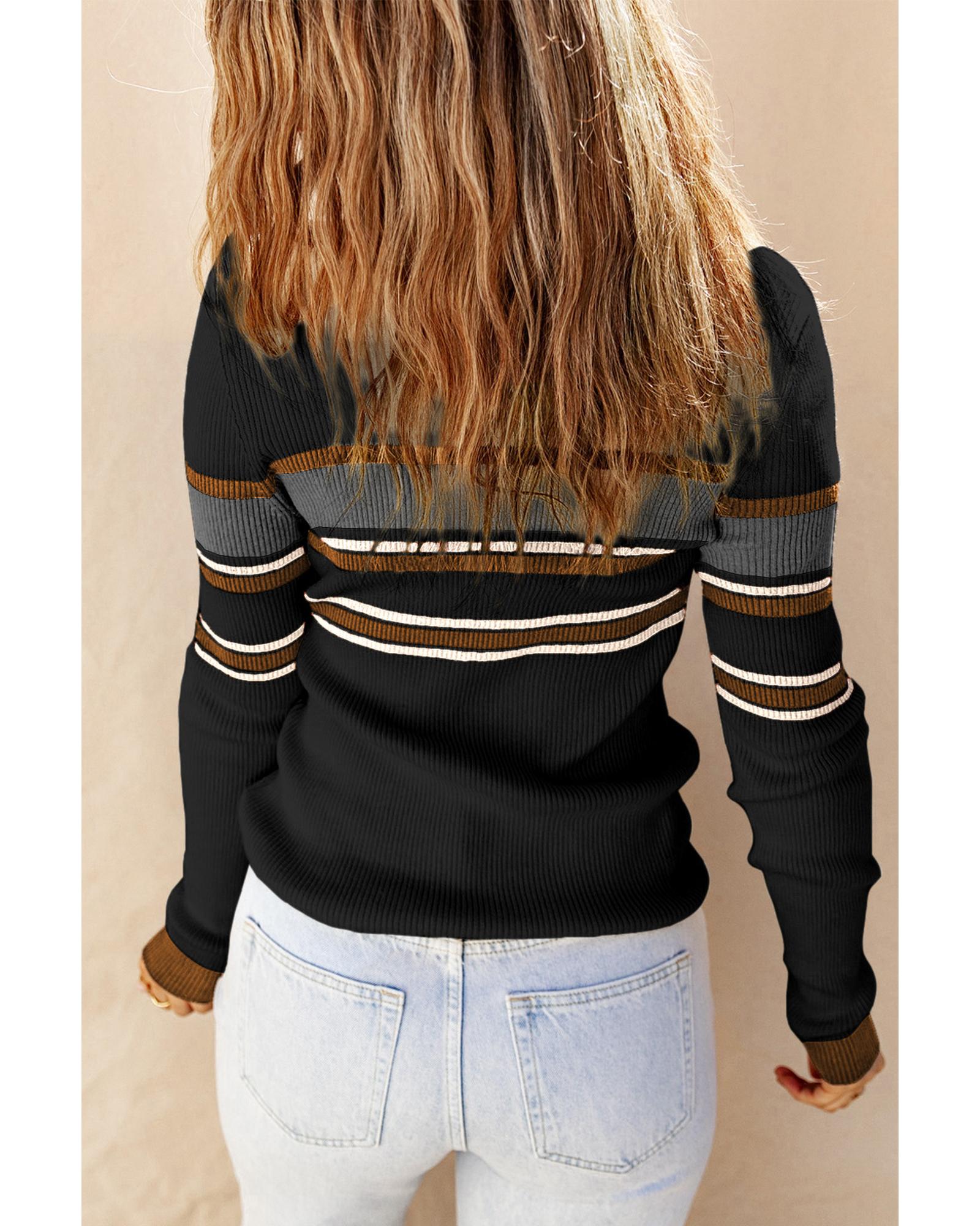 Black Rib Knitted Stripe Detail Henley Sweater - XL