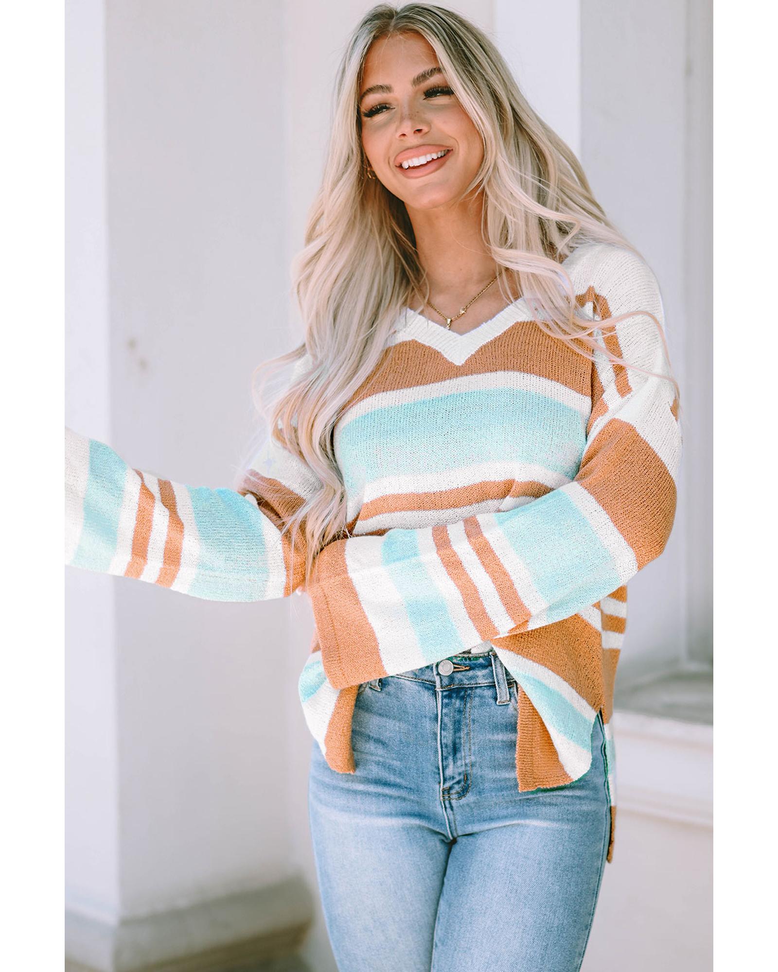 Multicolor Colorblock Stripe Long Sleeve Split Sweater - XL