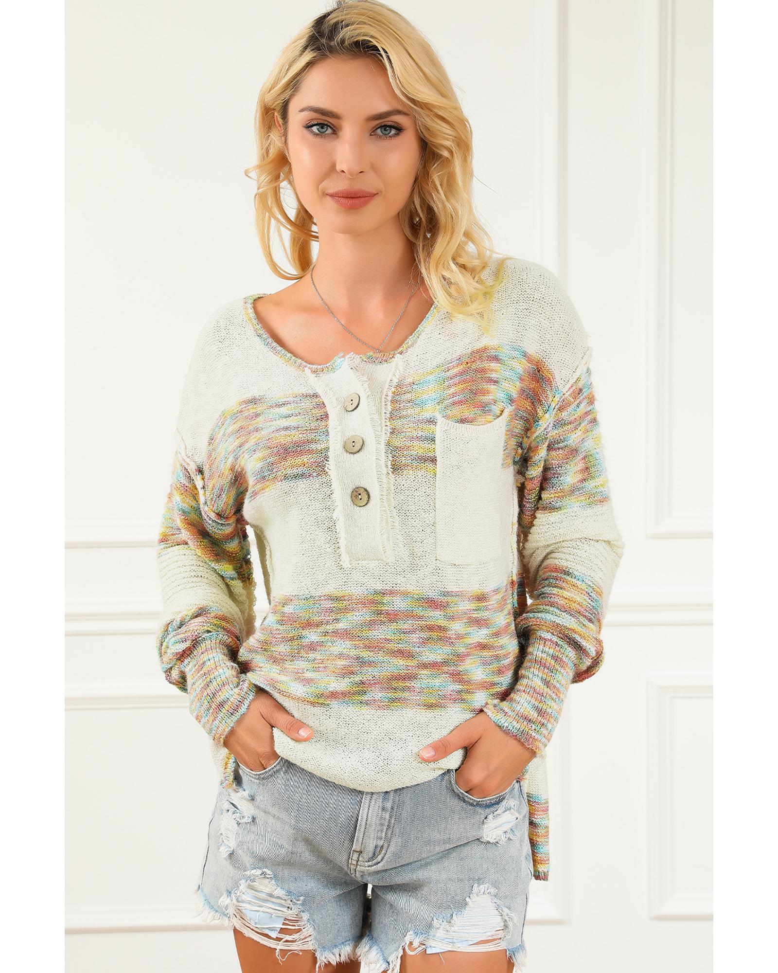 Multicolor Space Dye Henley Knit Sweater - L