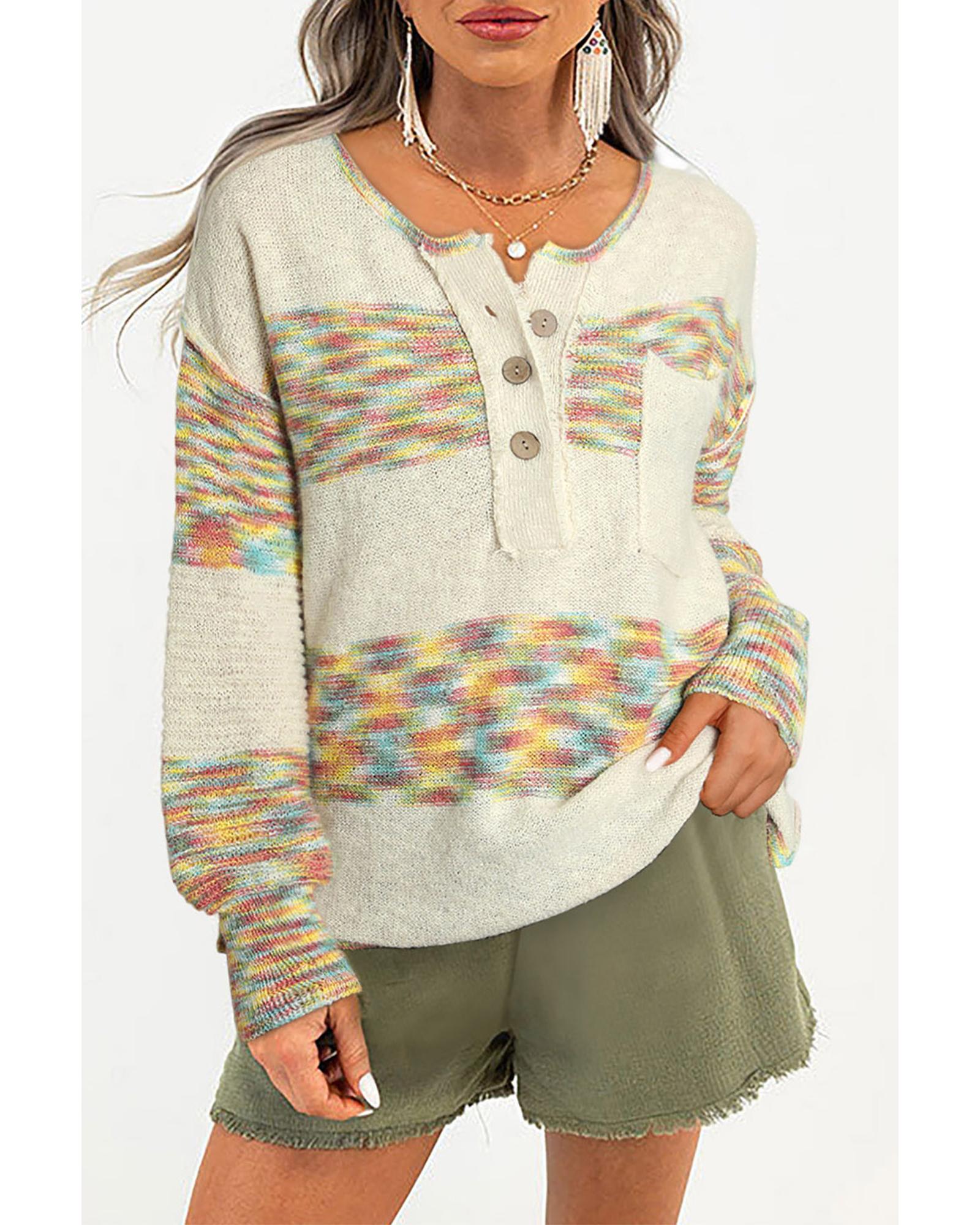 Multicolor Space Dye Henley Knit Sweater - M