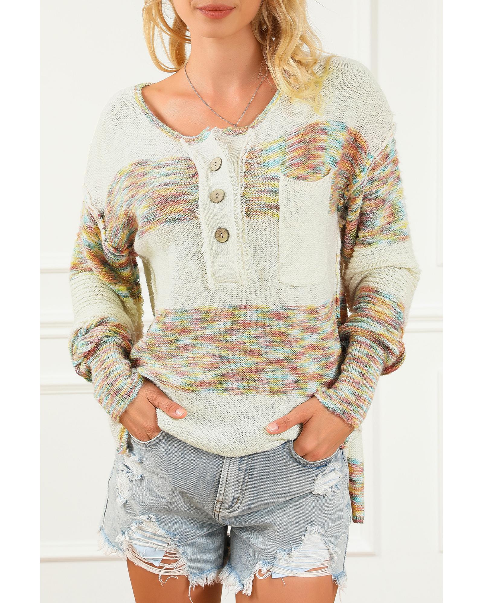Multicolor Space Dye Henley Knit Sweater - S