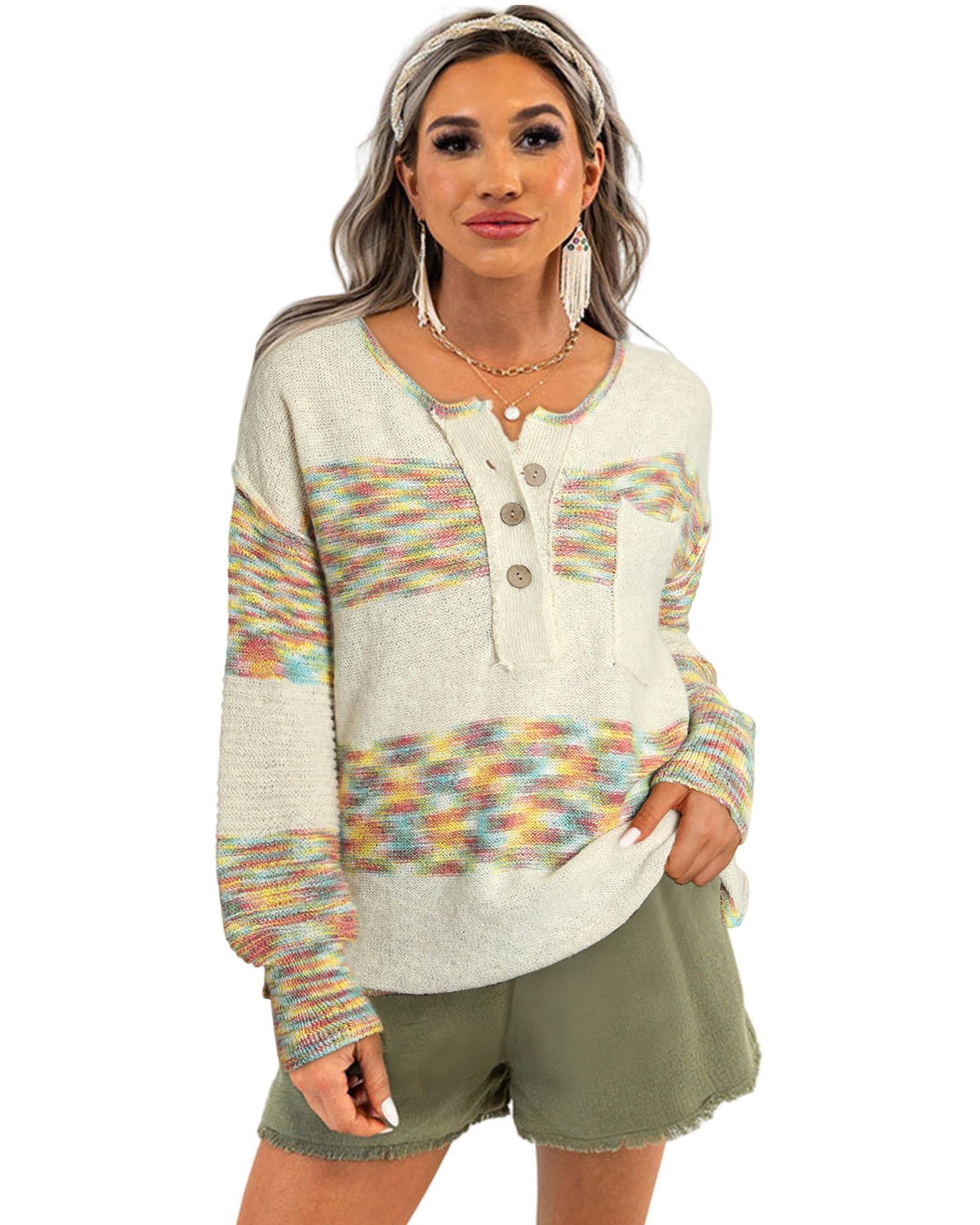 Multicolor Space Dye Henley Knit Sweater - S