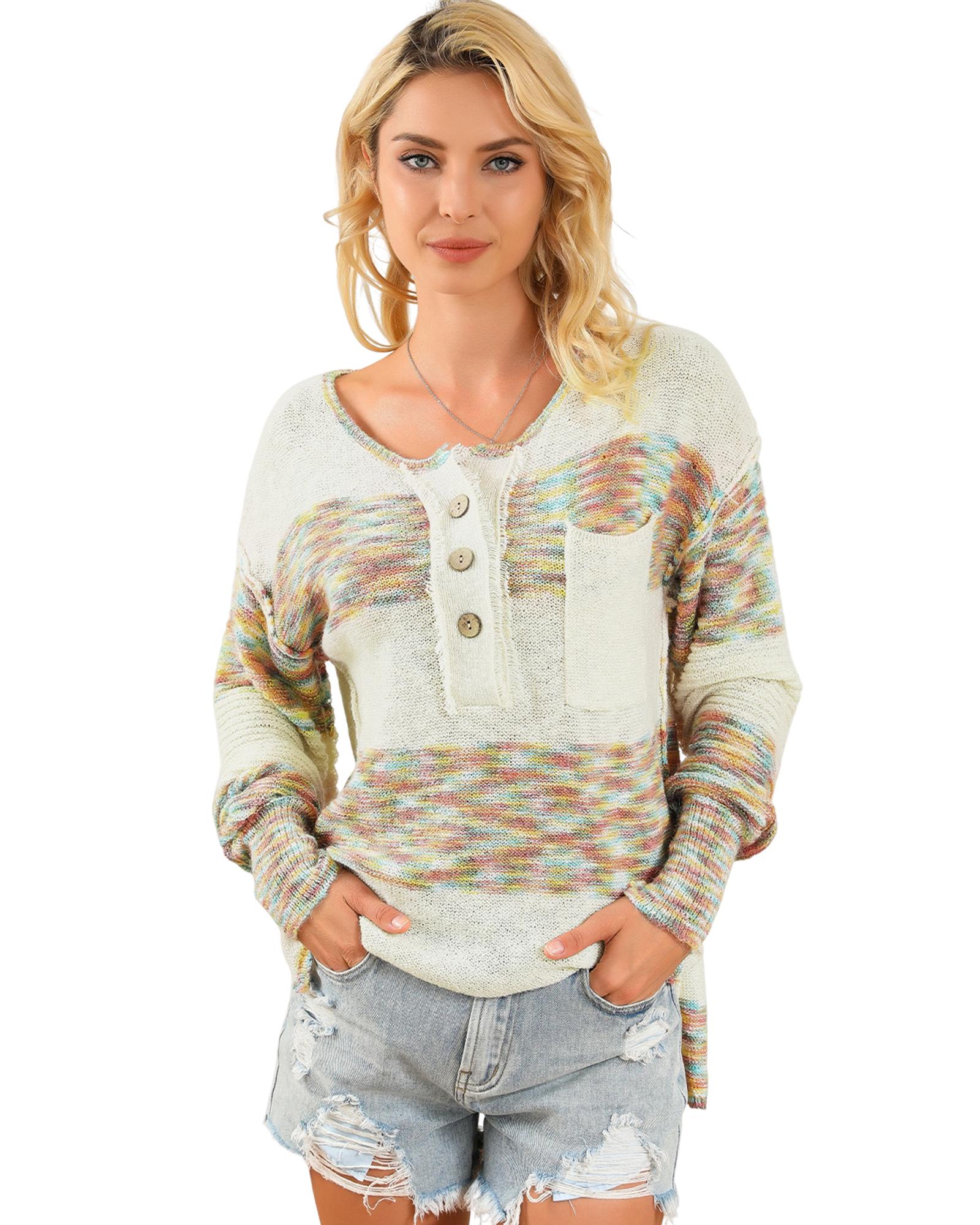 Multicolor Space Dye Henley Knit Sweater - S