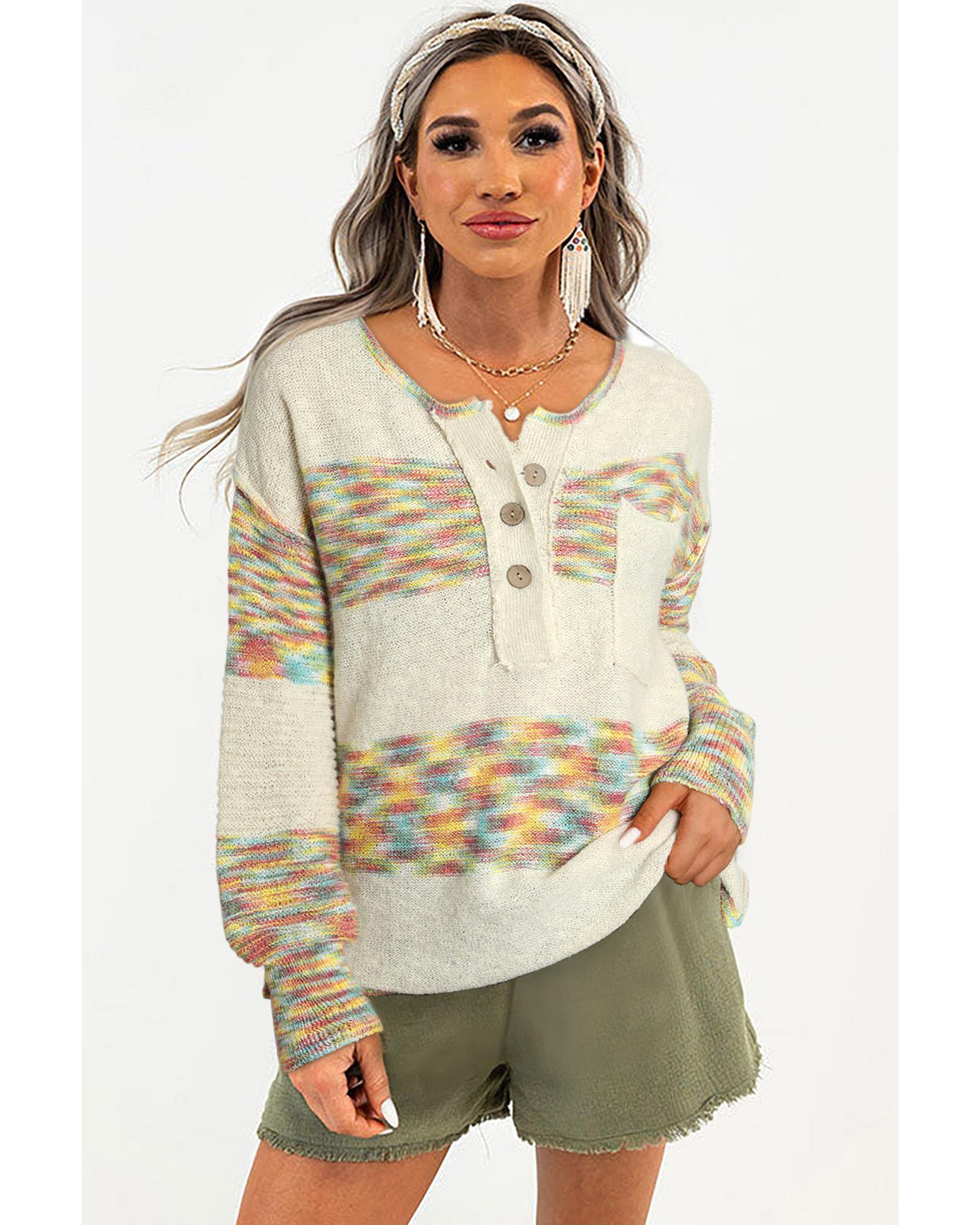 Multicolor Space Dye Henley Knit Sweater - XL