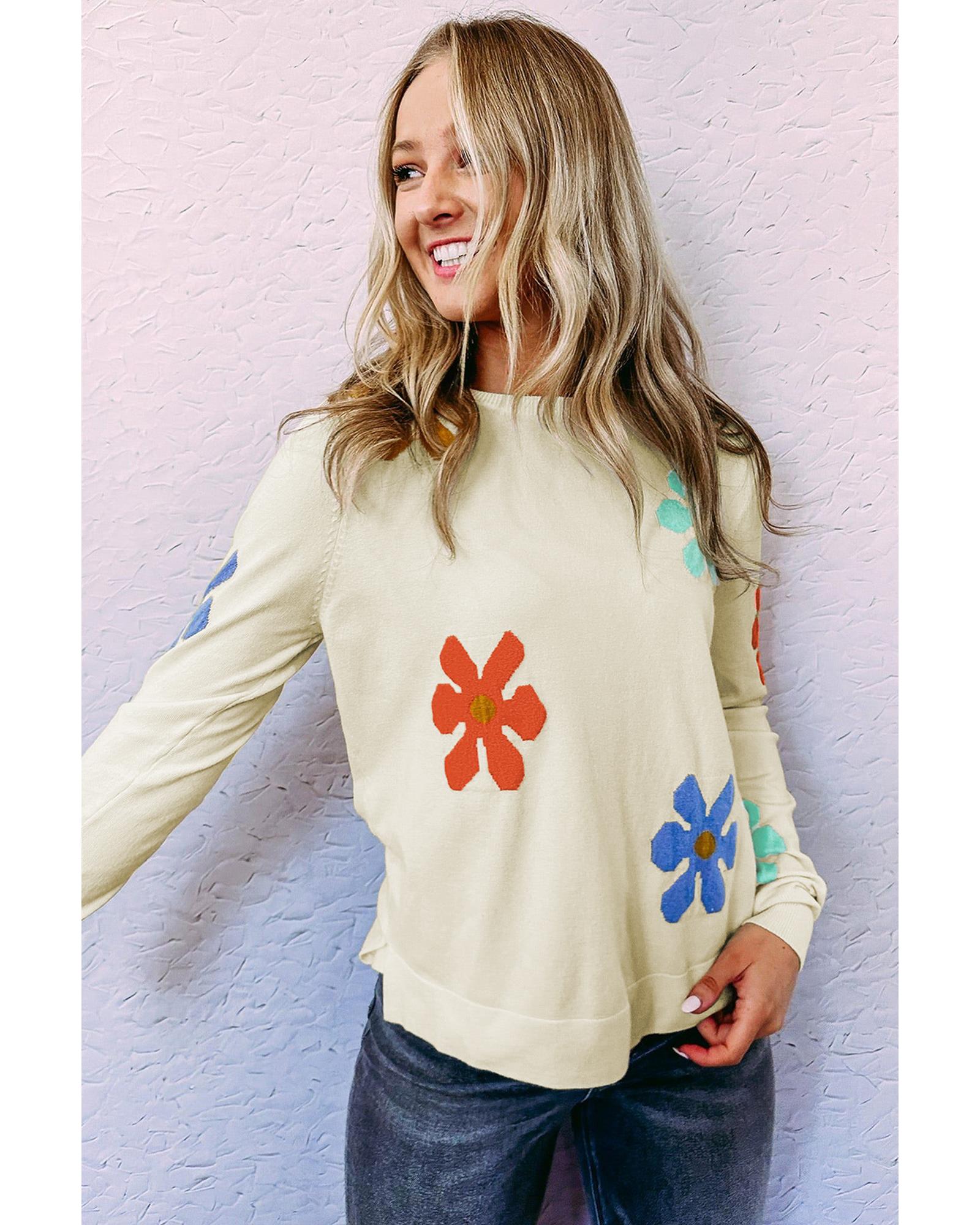 White Sweet Floral Pullover Sweater - L
