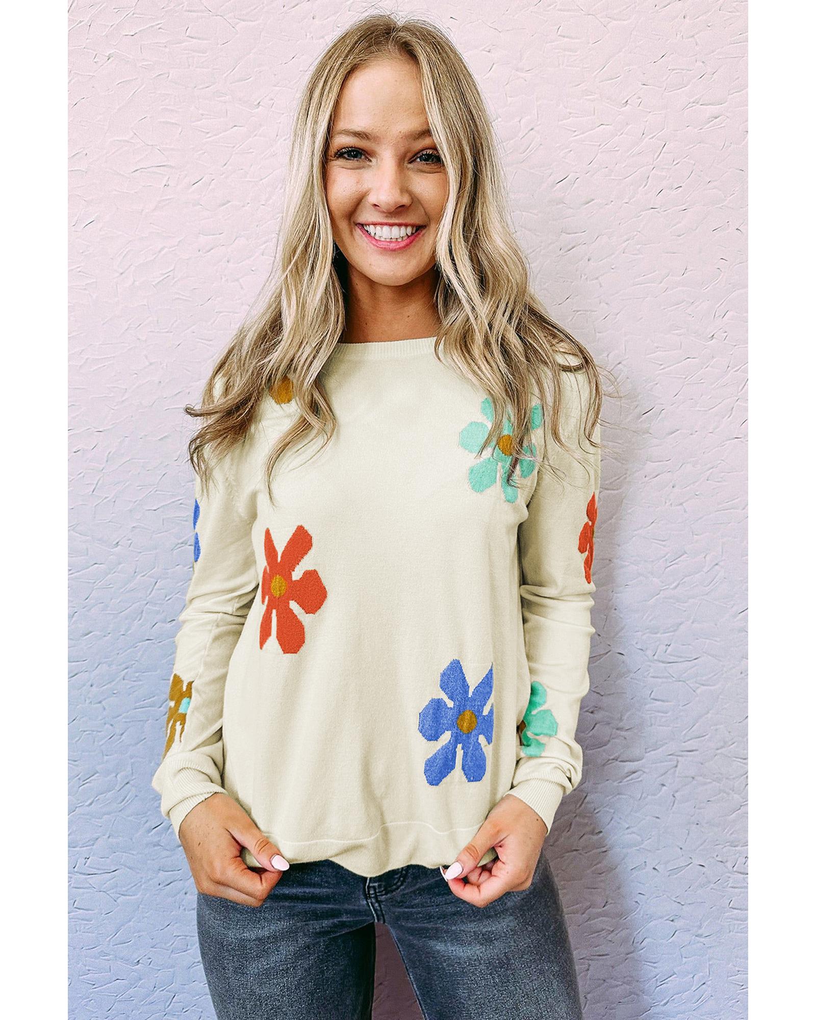 White Sweet Floral Pullover Sweater - L