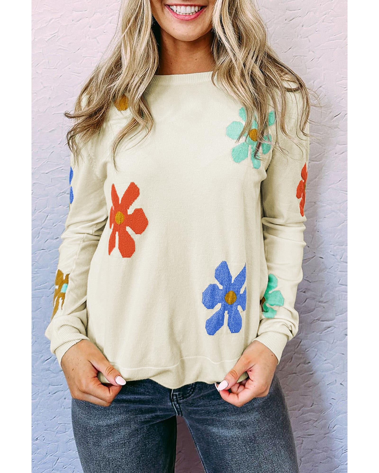 White Sweet Floral Pullover Sweater - L