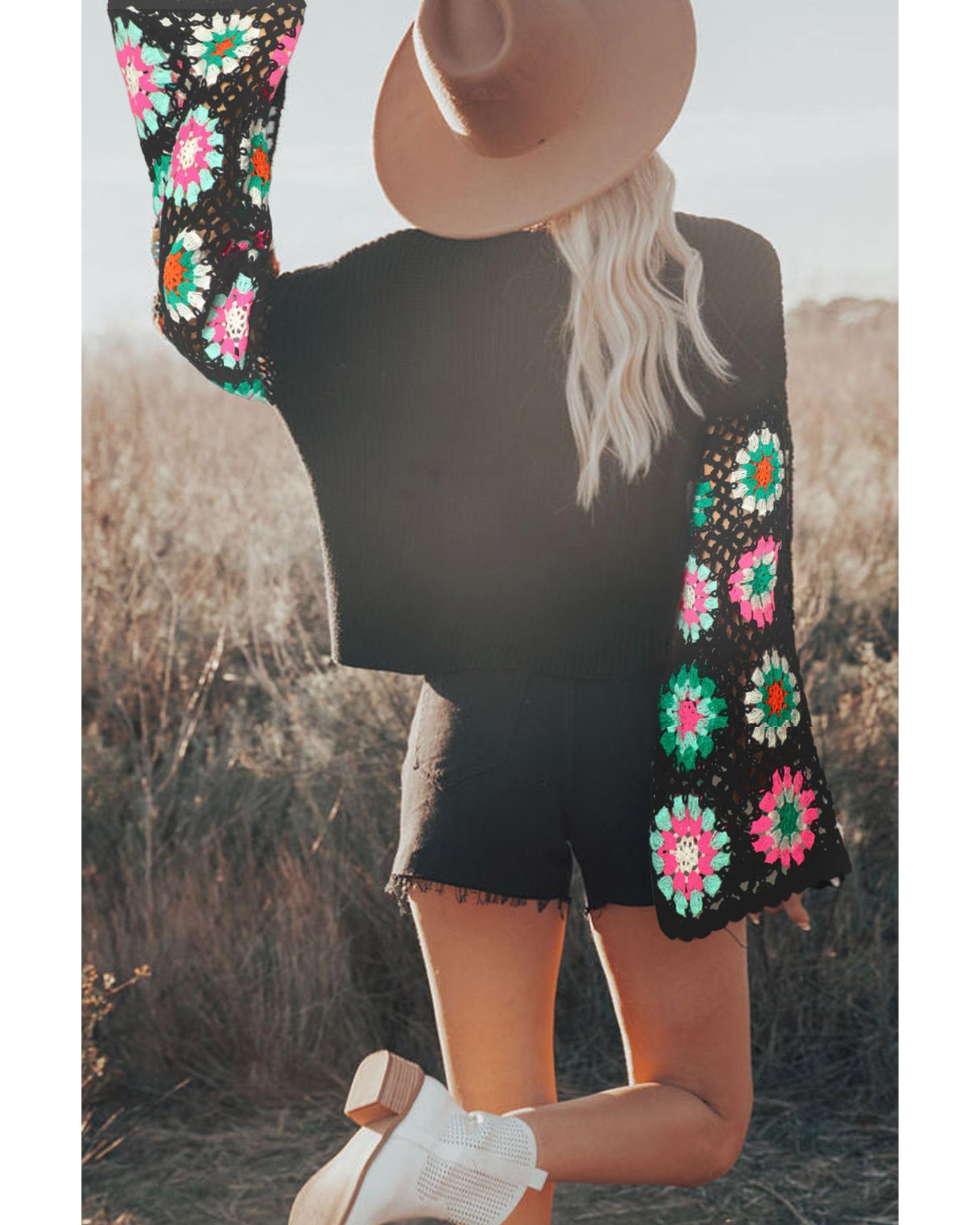 Black Floral Crochet Bell Sleeve Loose Sweater - M