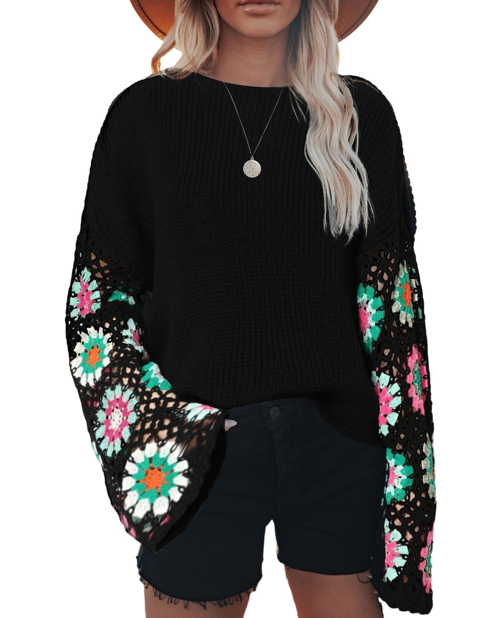 Black Floral Crochet Bell Sleeve Loose Sweater - S
