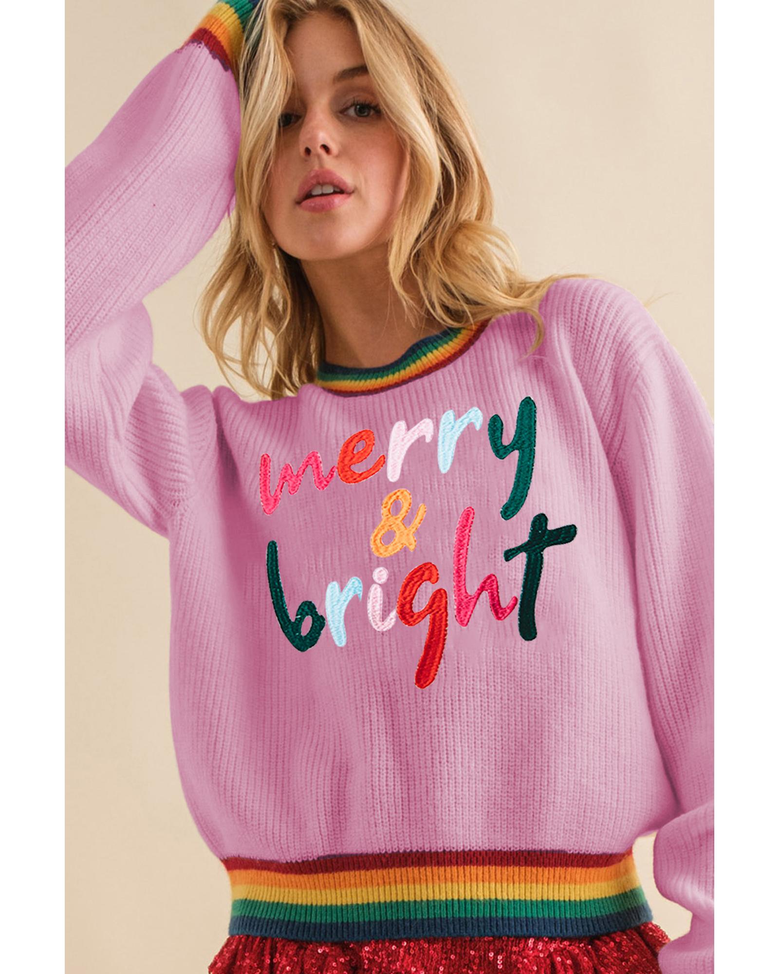 Bonbon Merry & Bright Colorful Stripes Trim Sweater - L