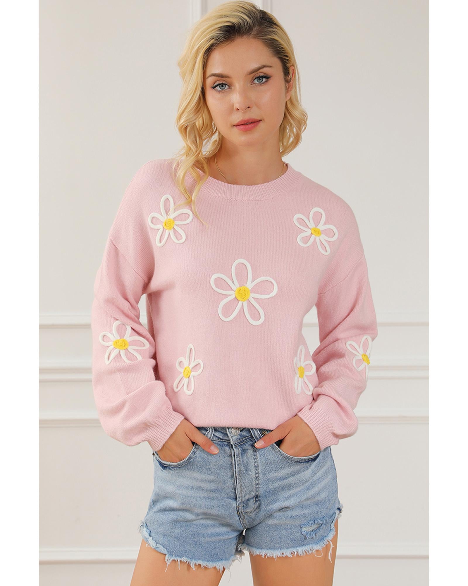 Pink Chenille Daisy Stitching Crew Neck Sweater - L