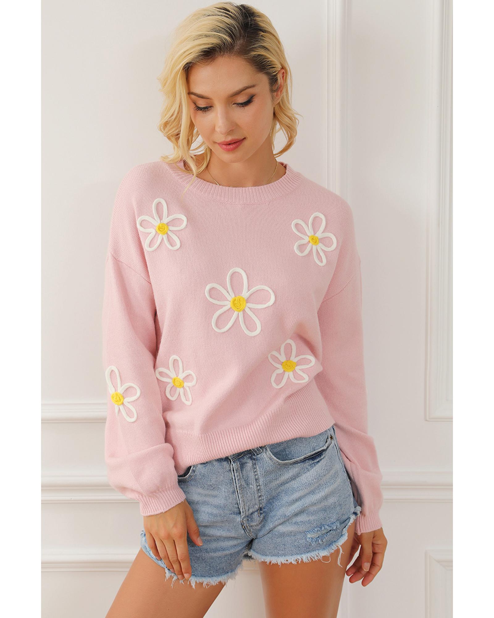 Pink Chenille Daisy Stitching Crew Neck Sweater - L