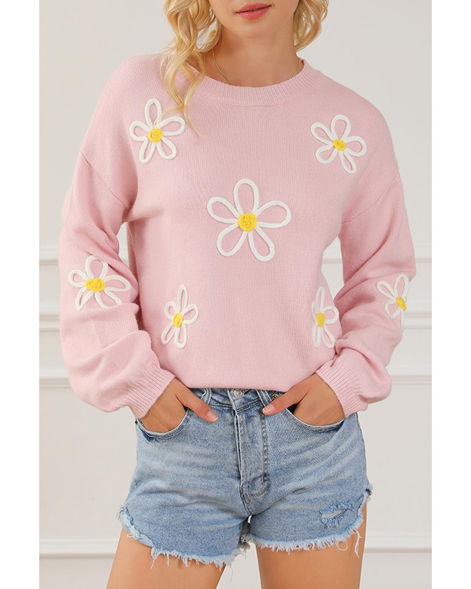 Pink Chenille Daisy Stitching Crew Neck Sweater - L