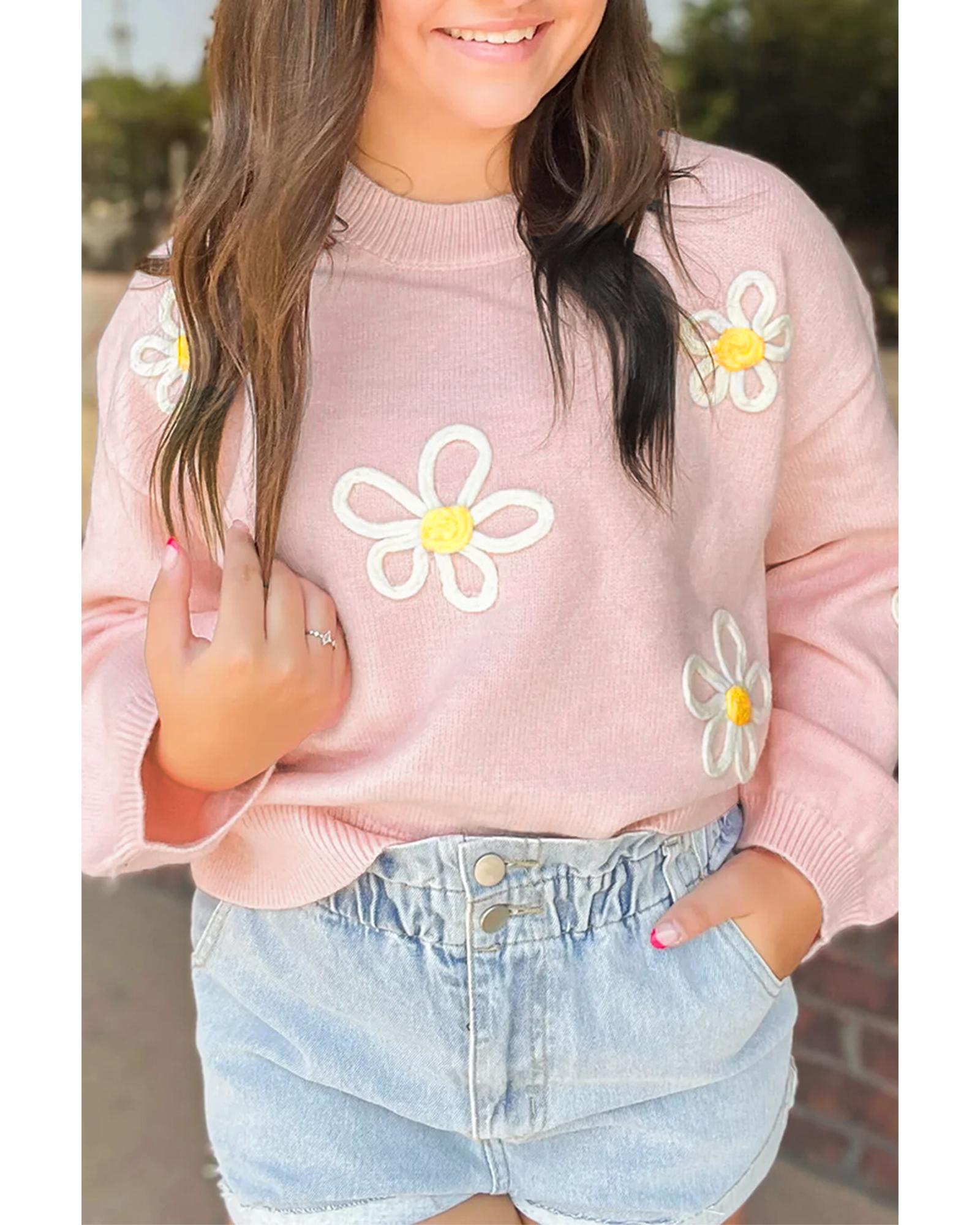 Pink Chenille Daisy Stitching Crew Neck Sweater - L
