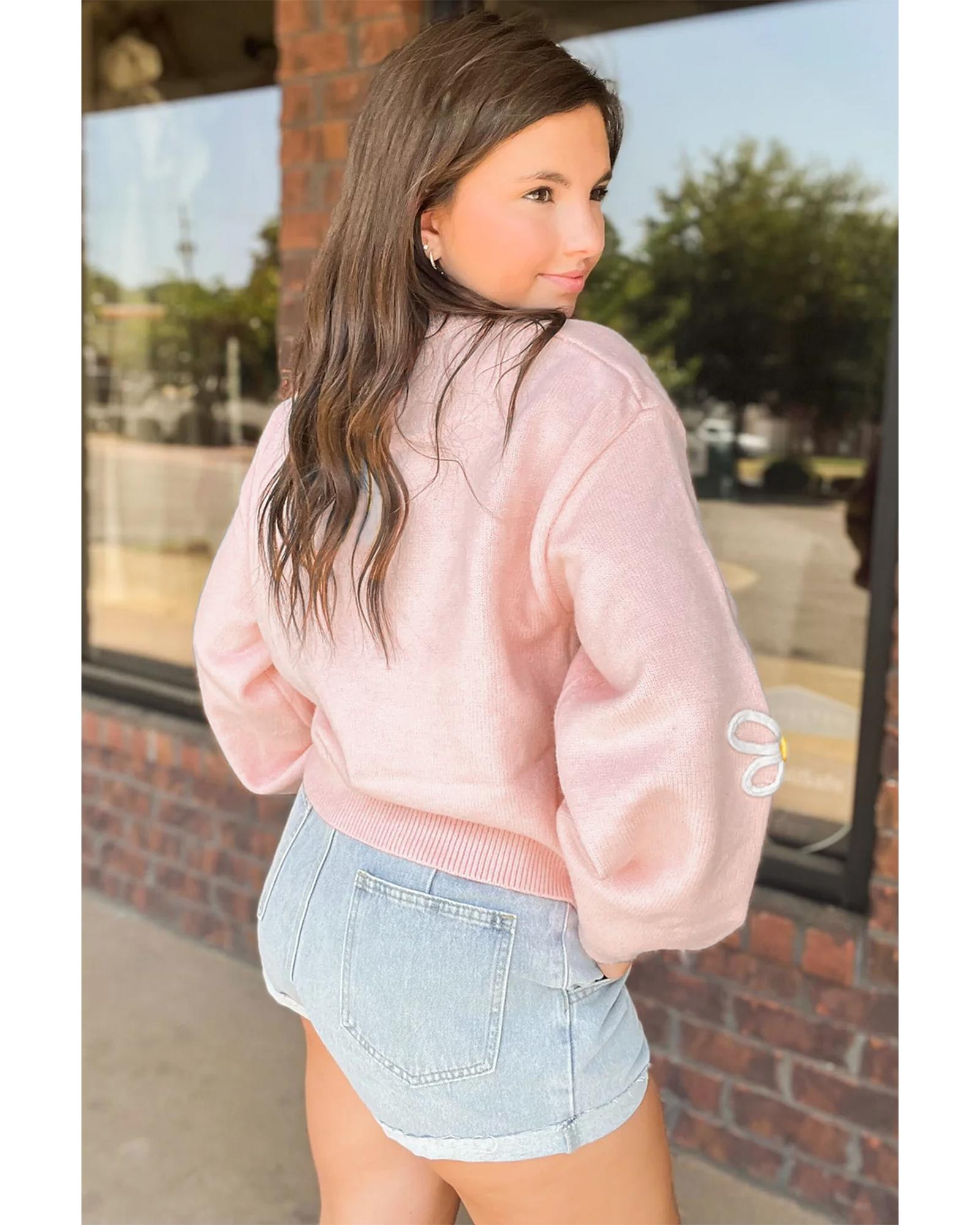 Pink Chenille Daisy Stitching Crew Neck Sweater - L