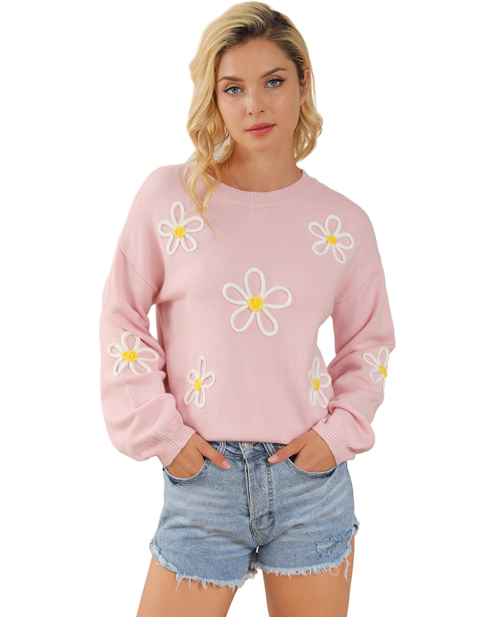 Pink Chenille Daisy Stitching Crew Neck Sweater - L