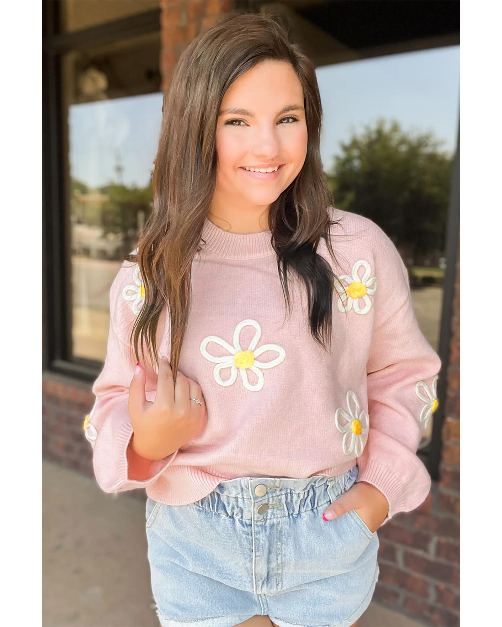 Pink Chenille Daisy Stitching Crew Neck Sweater - XL