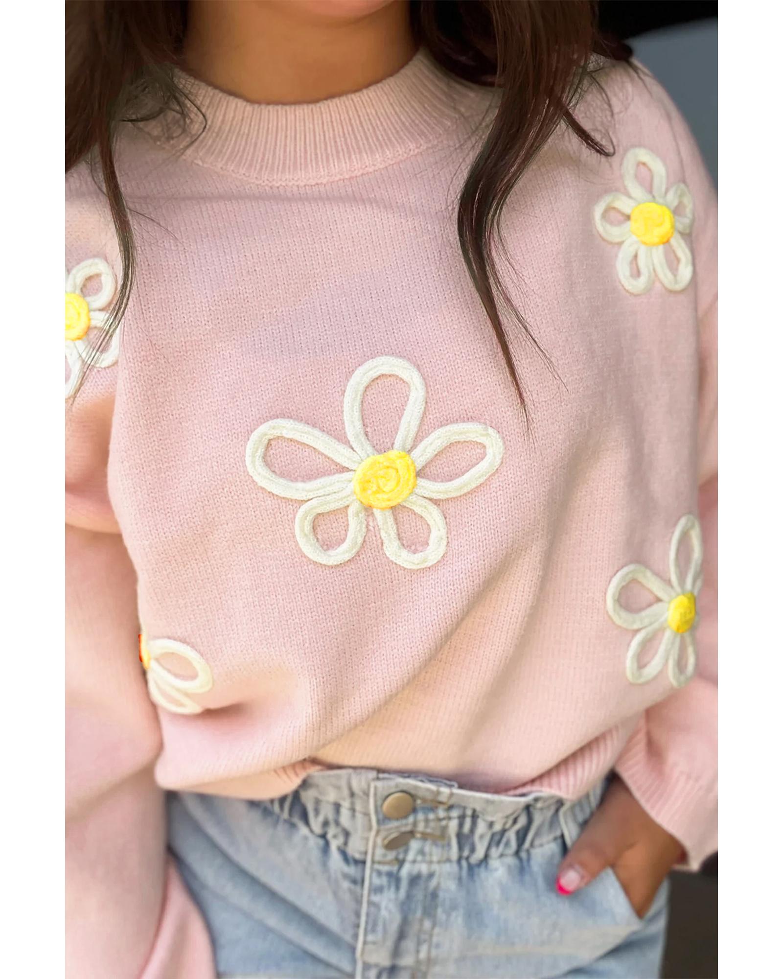 Pink Chenille Daisy Stitching Crew Neck Sweater - XL