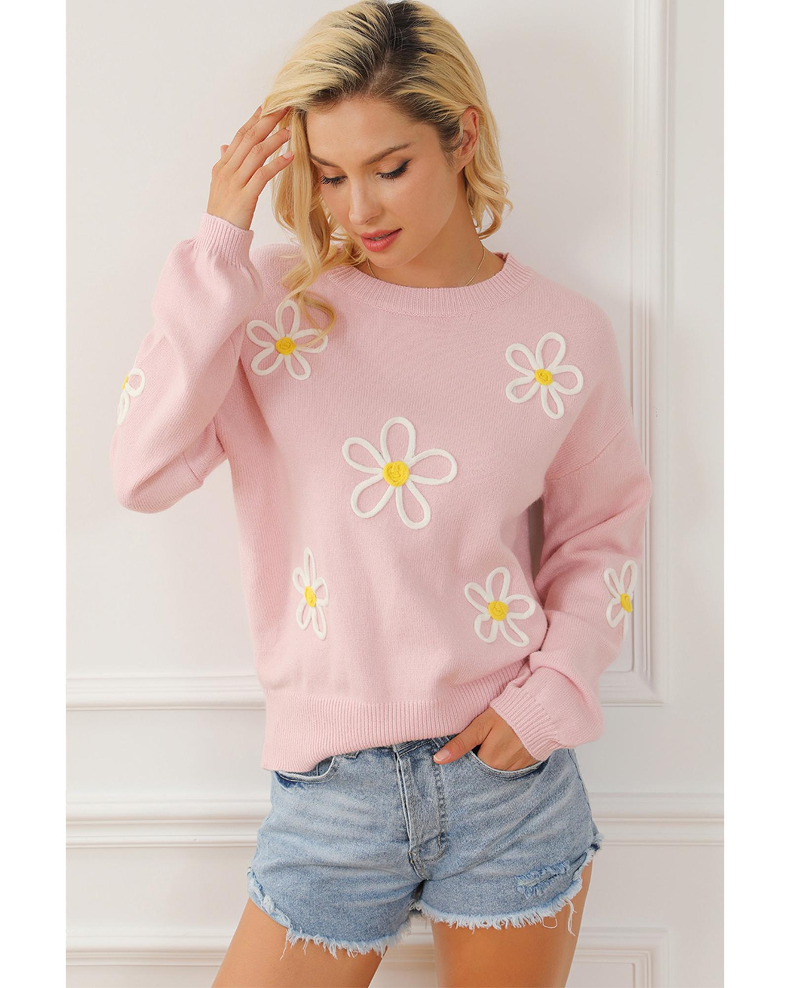 Pink Chenille Daisy Stitching Crew Neck Sweater - XL