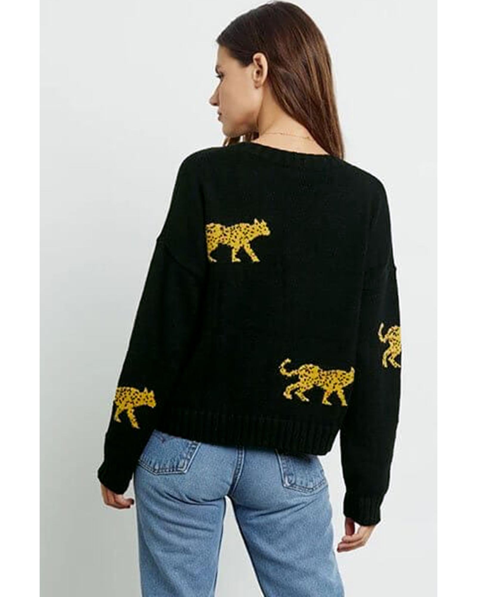 Black Cheetah Pattern Knit Round Neck Sweater - L