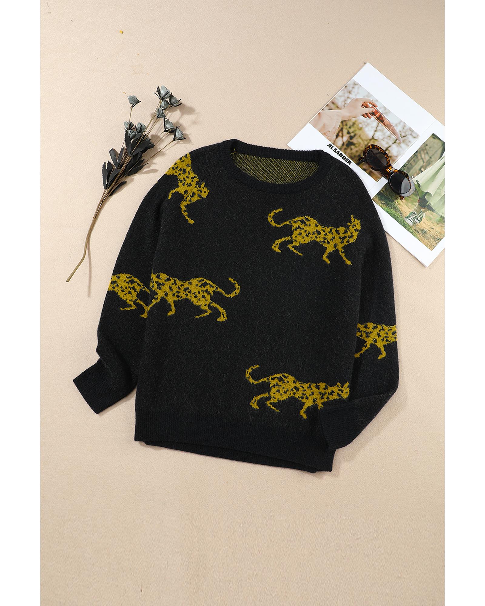 Black Cheetah Pattern Knit Round Neck Sweater - M