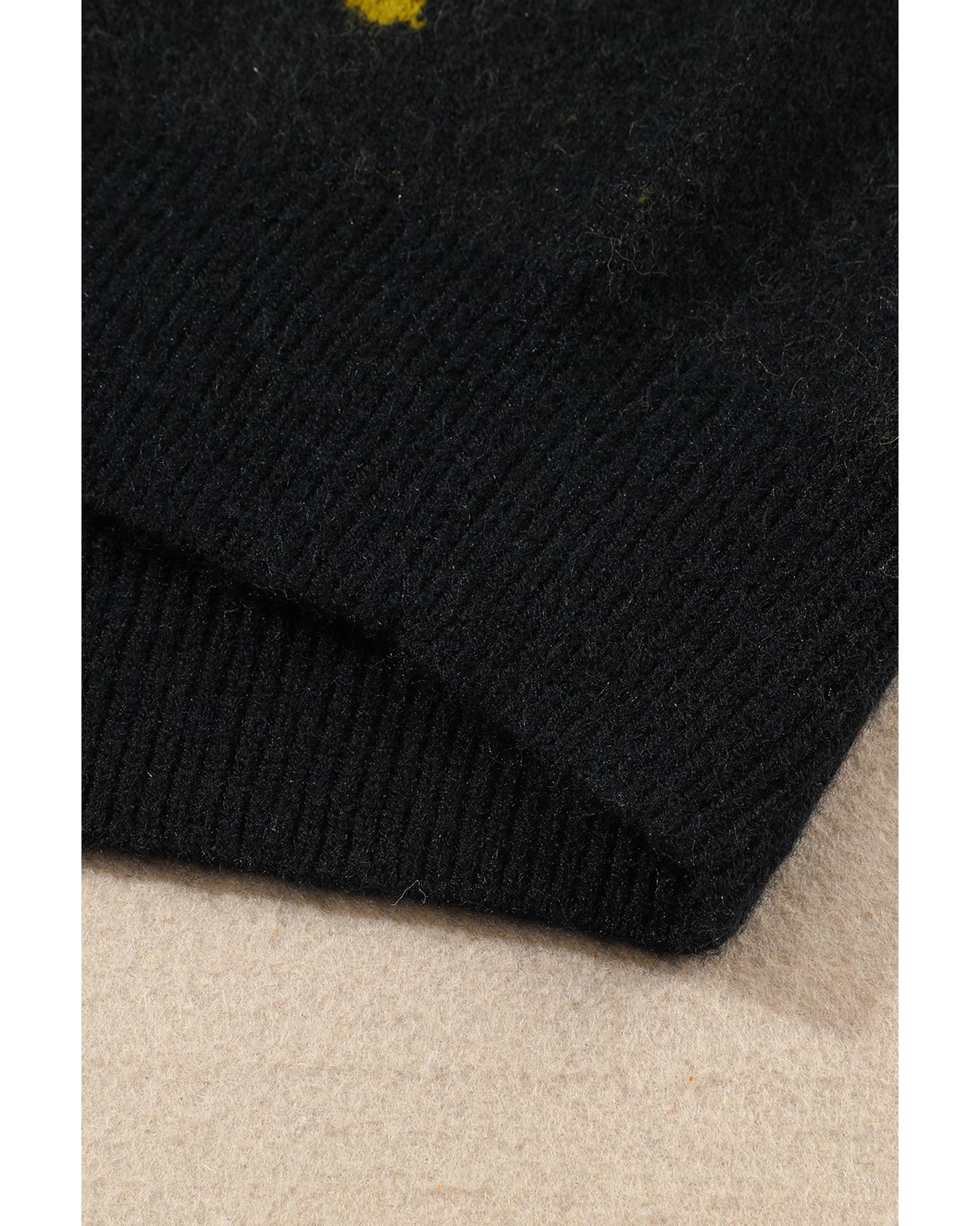 Black Cheetah Pattern Knit Round Neck Sweater - M