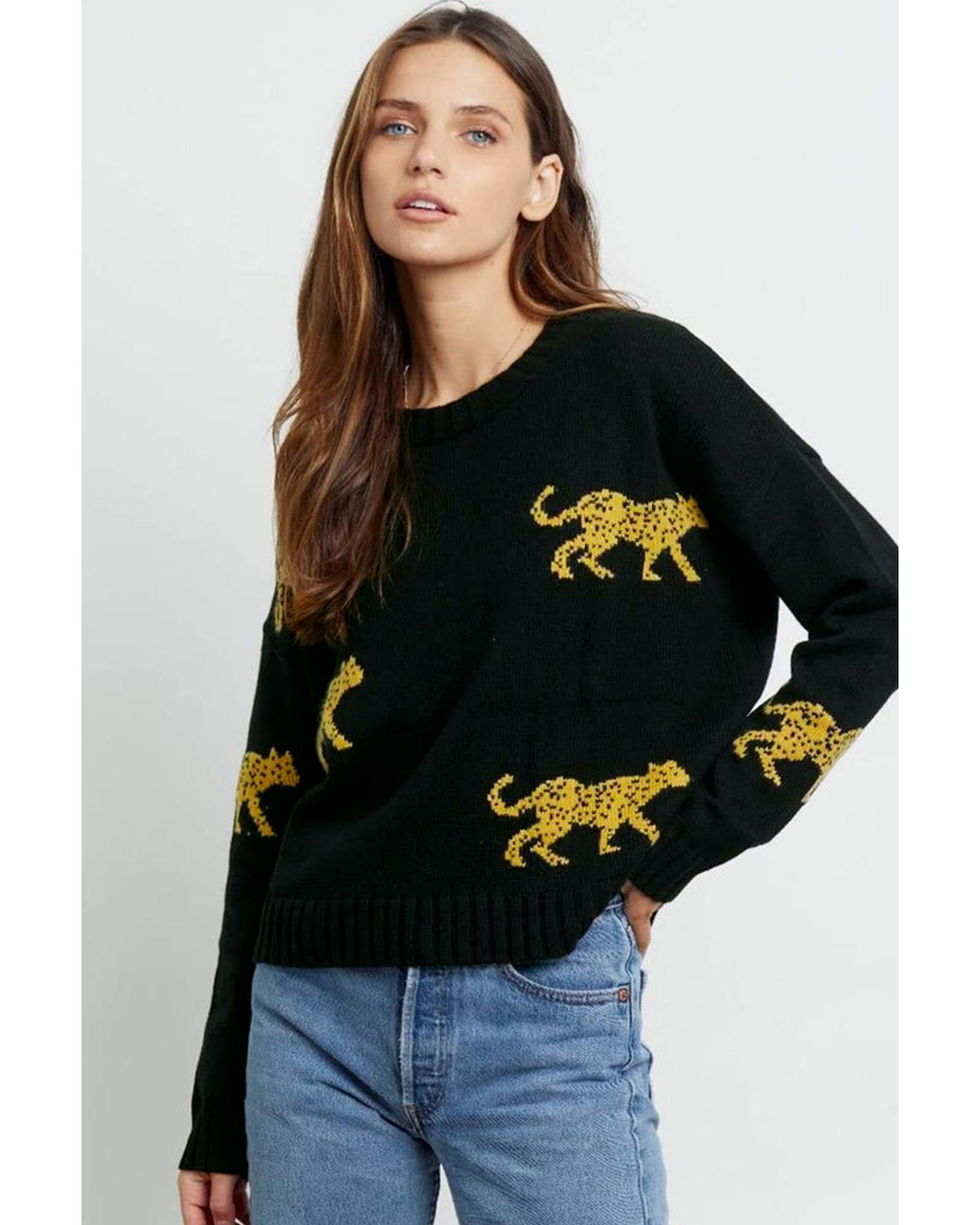 Black Cheetah Pattern Knit Round Neck Sweater - XL