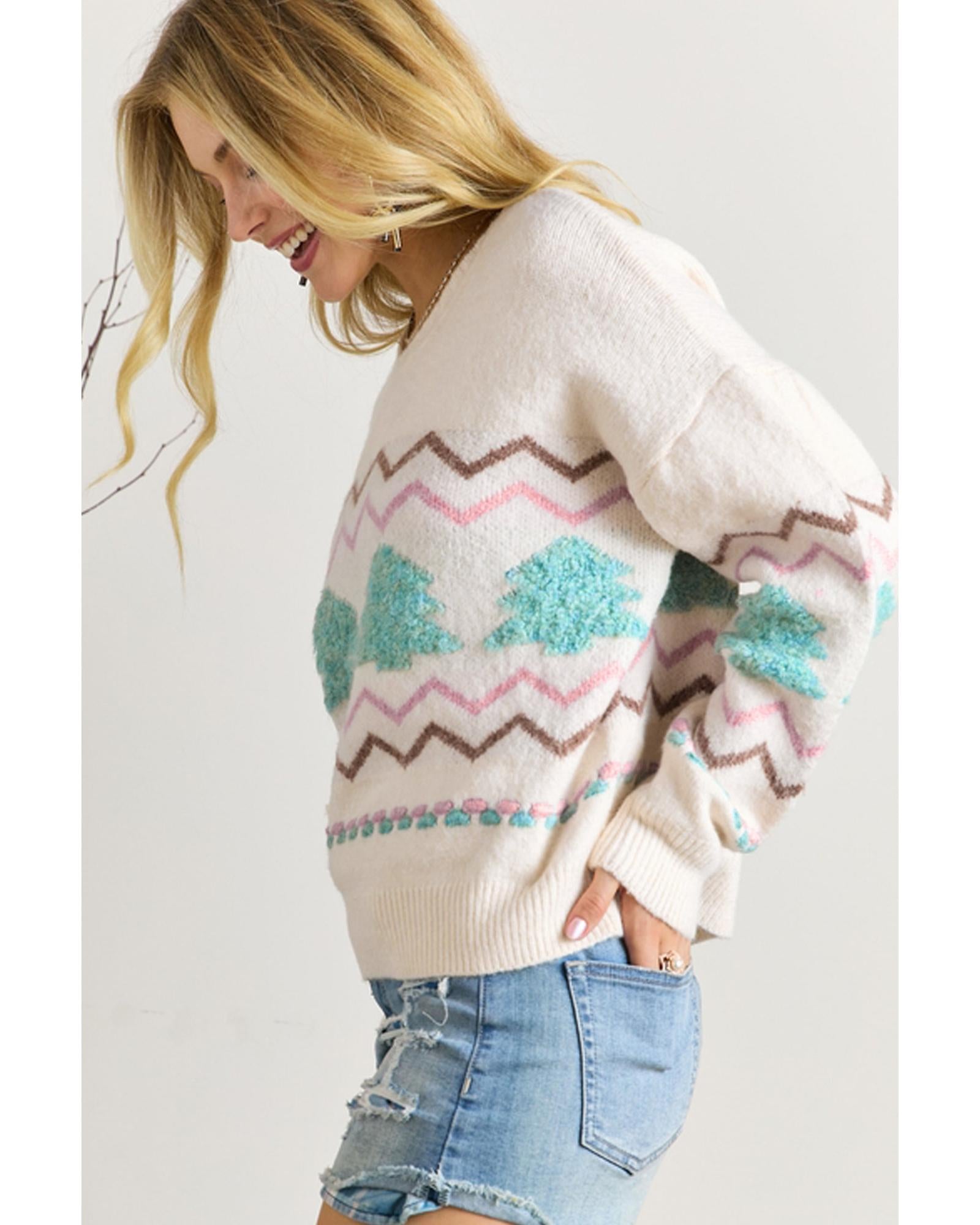 White Striped Christmas Tree Ribbed Trim Drop Shoulder Sweater - M