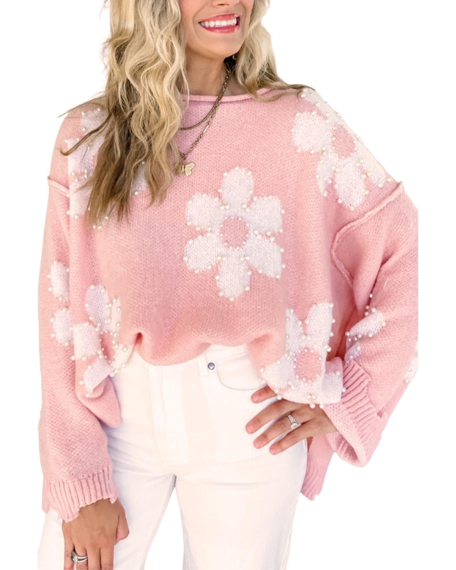 Multicolour Pearl Beaded Floral Drop Shoulder Sweater - M