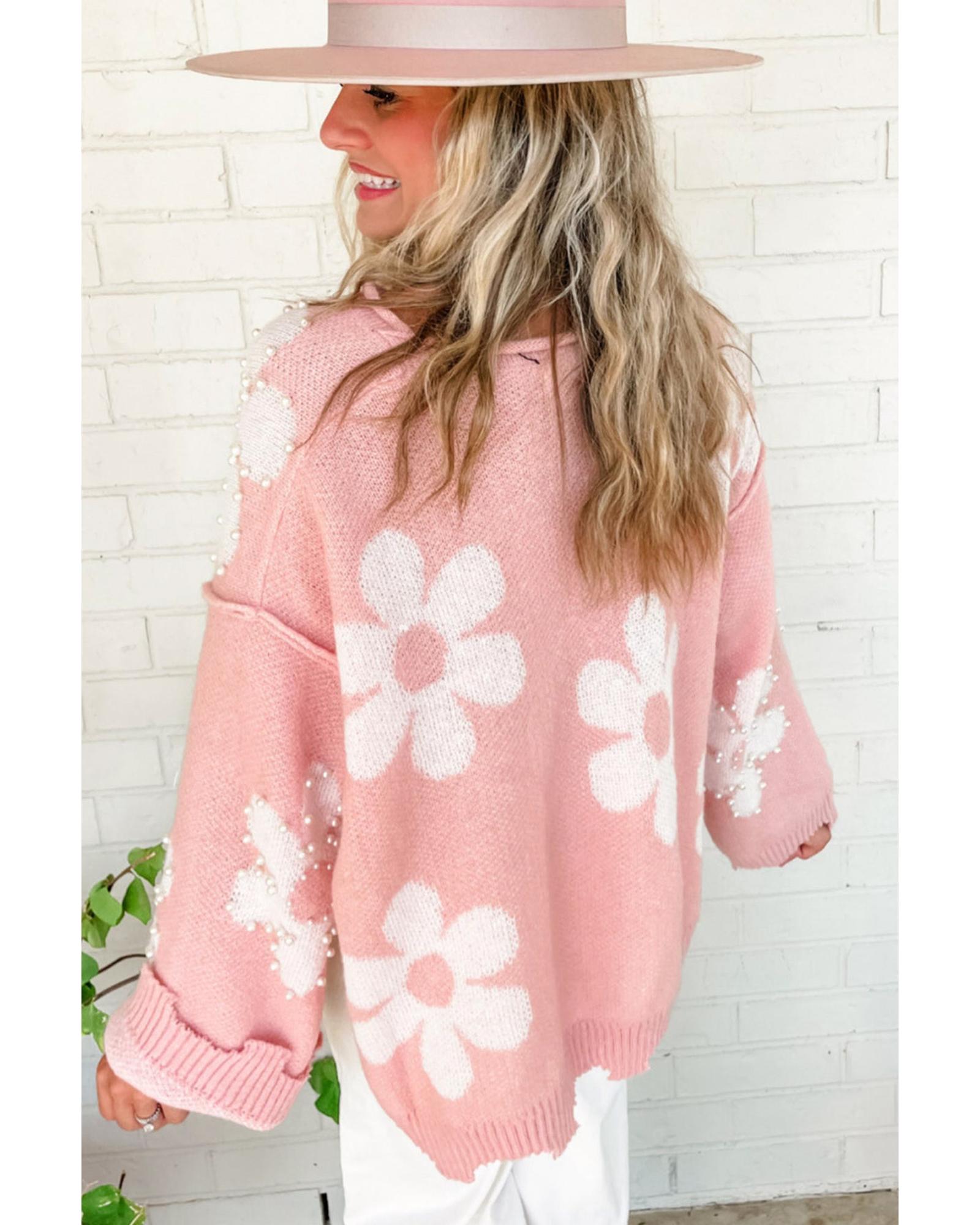 Multicolour Pearl Beaded Floral Drop Shoulder Sweater - M