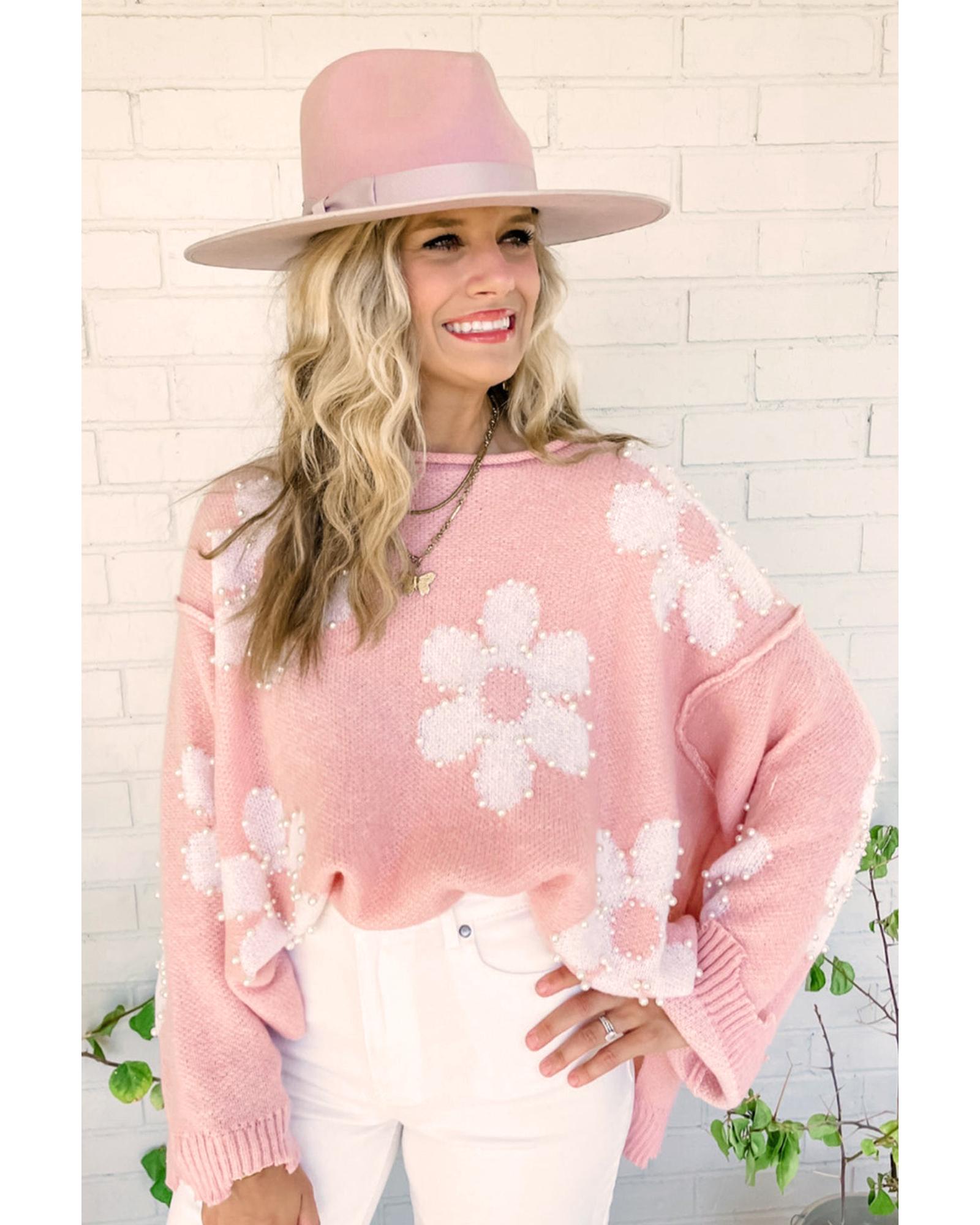 Multicolour Pearl Beaded Floral Drop Shoulder Sweater - M