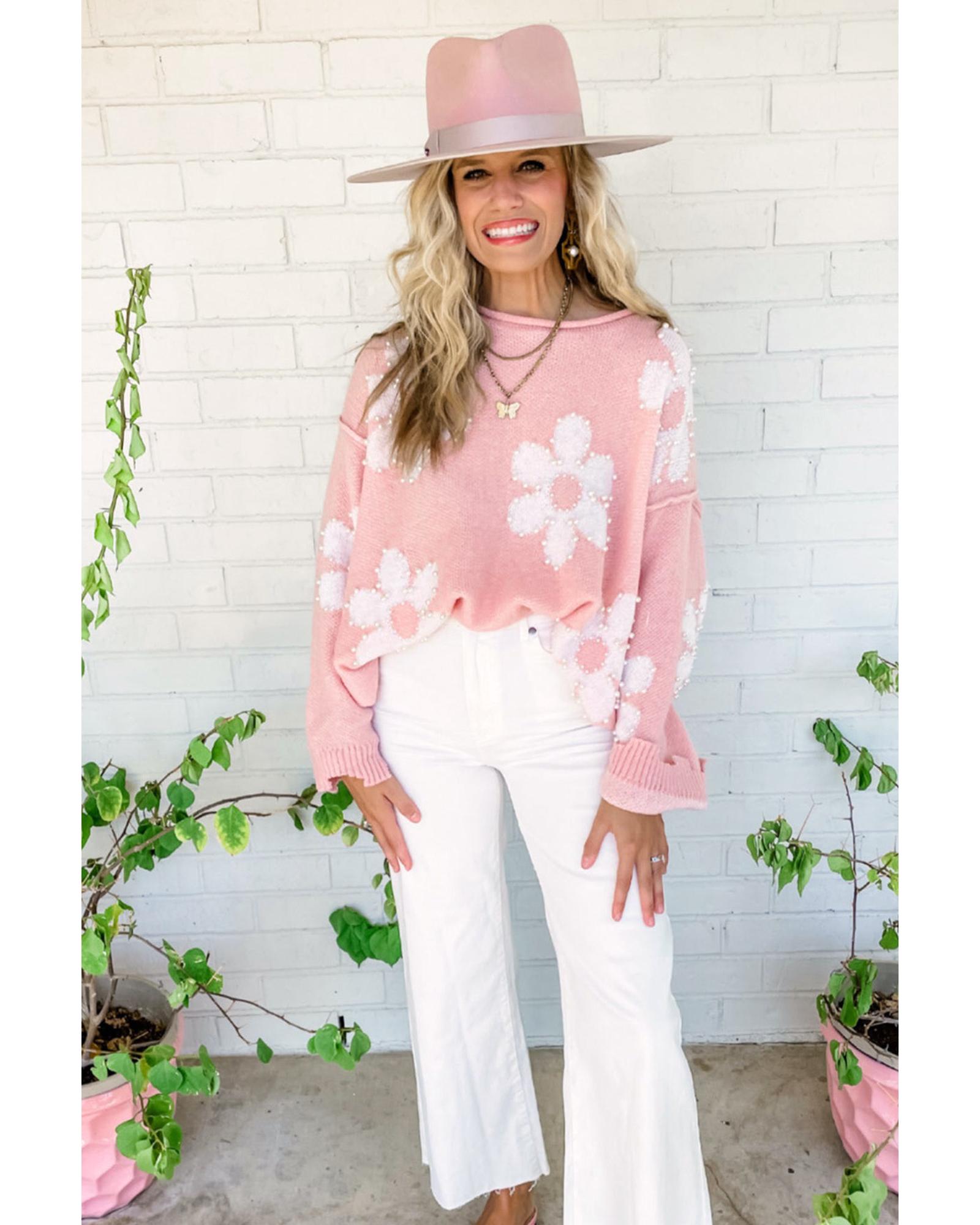 Multicolour Pearl Beaded Floral Drop Shoulder Sweater - M
