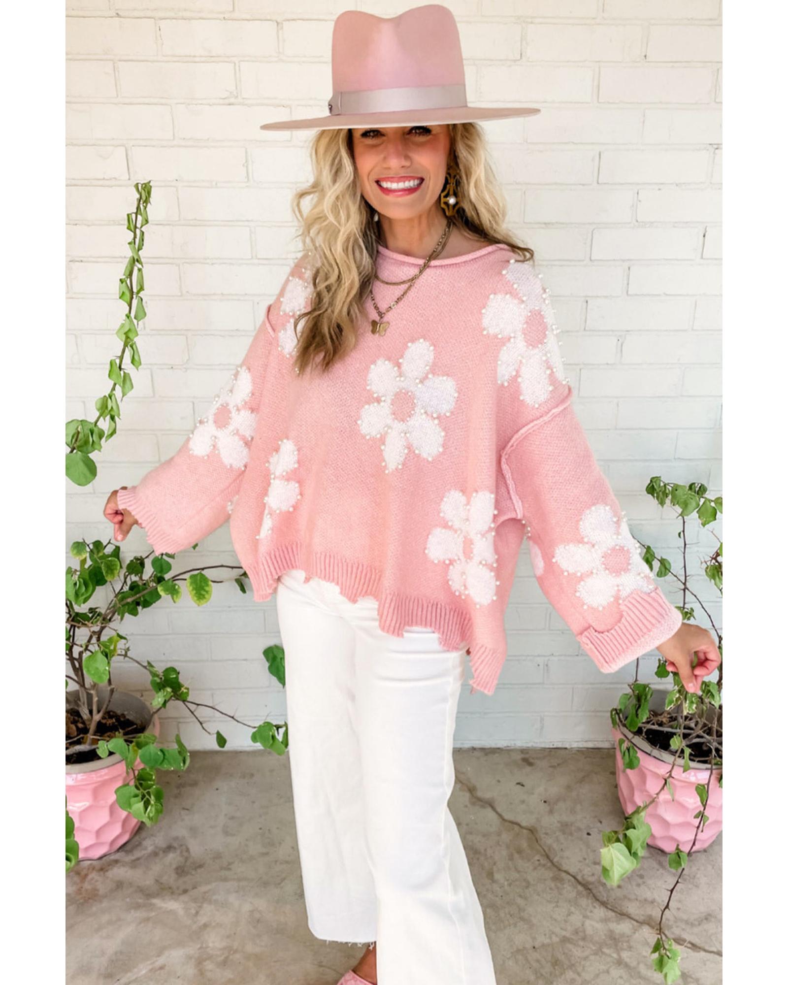 Multicolour Pearl Beaded Floral Drop Shoulder Sweater - M