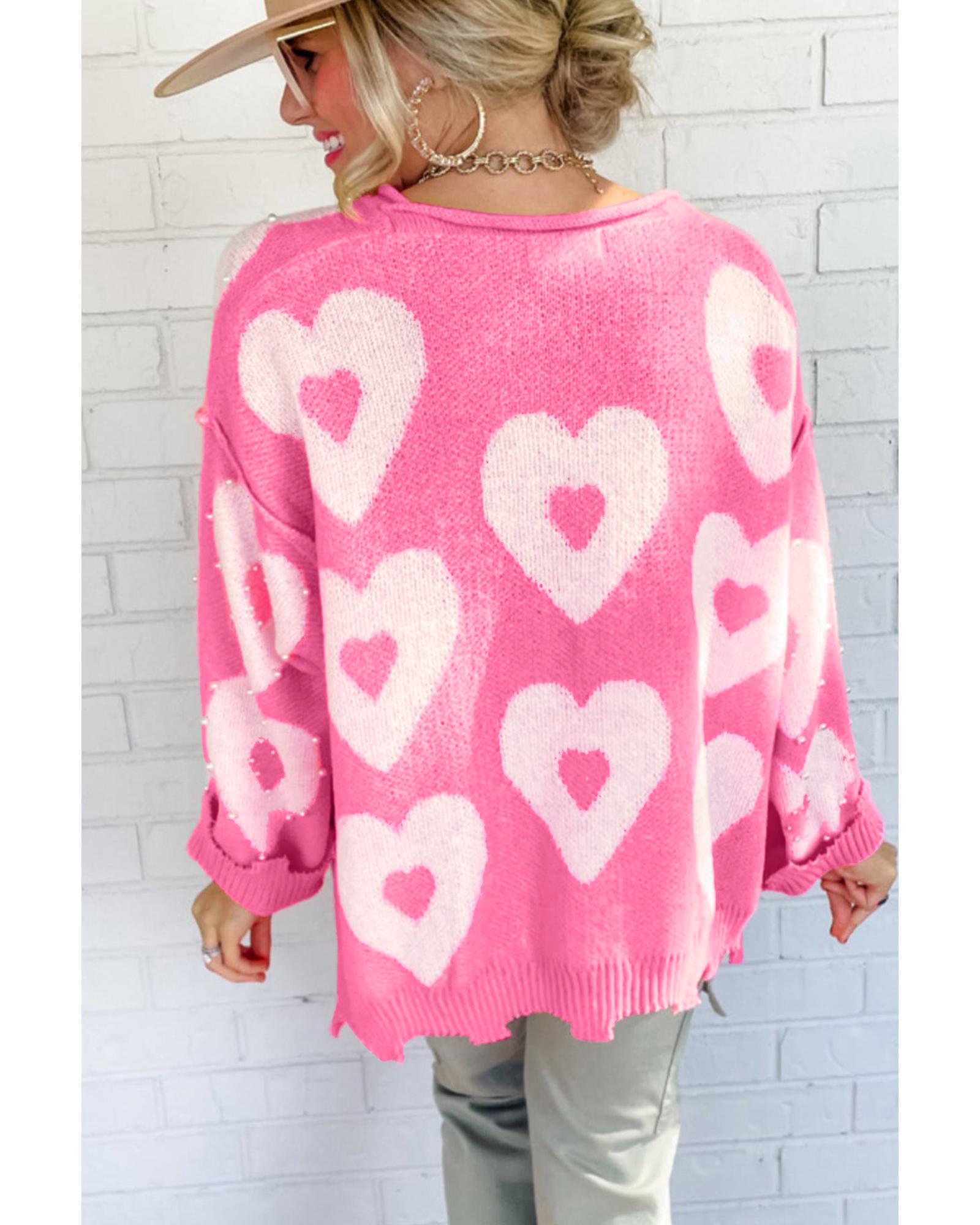 Bonbon Pearl Beaded Heart Drop Shoulder Sweater - L